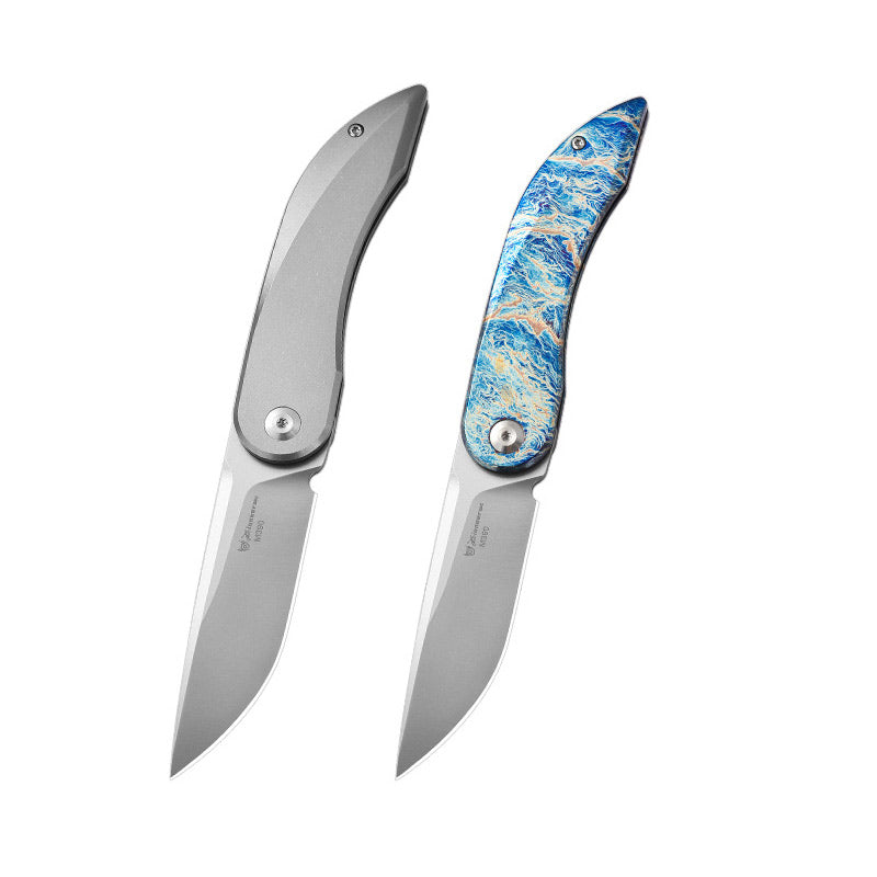 PioneerEDC MT0394 Folding Pocket Knife, 2.76 Inch M390 Drop Point Blade, TC4 Titanium Handle, Non-Locking EDC, 2.4 Oz