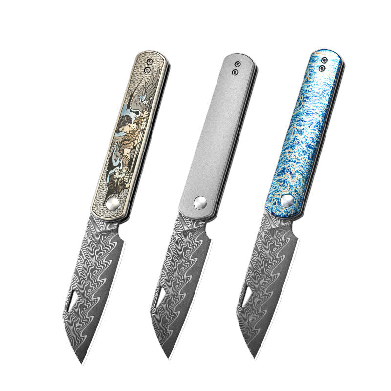 PioneerEDC DT421 Folding Pocket EDC Knife, Damascus Blade, TC4 Titanium Handle, Wharncliffe Sheepsfoot, Non-Locking Slipjoint, 4.8 oz