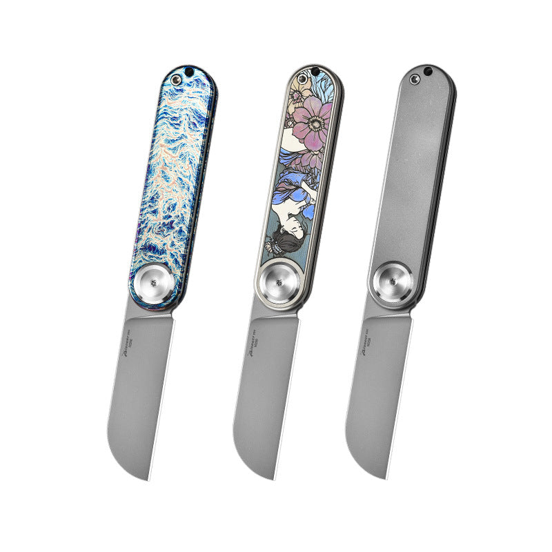 PioneerEDC MT358 Folding Pocket EDC Knife, 2.28 Inch Sheepsfoot M398 Blade, TC4 Titanium Handles, Double Detent Non-Locking, Front Flipper Opening, 2.57 Oz