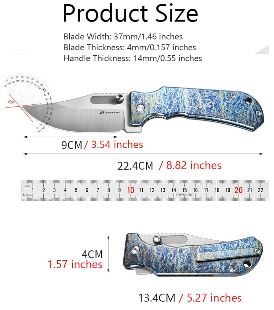 PioneerEDC DT527 Folding Pocket EDC Knife, Flipper Thumb Stud Opening D2 Drop Point Blade, 5.27 inches Frame Lock TC4 Titanium Handle with Pocekt Clip, 7.73 oz