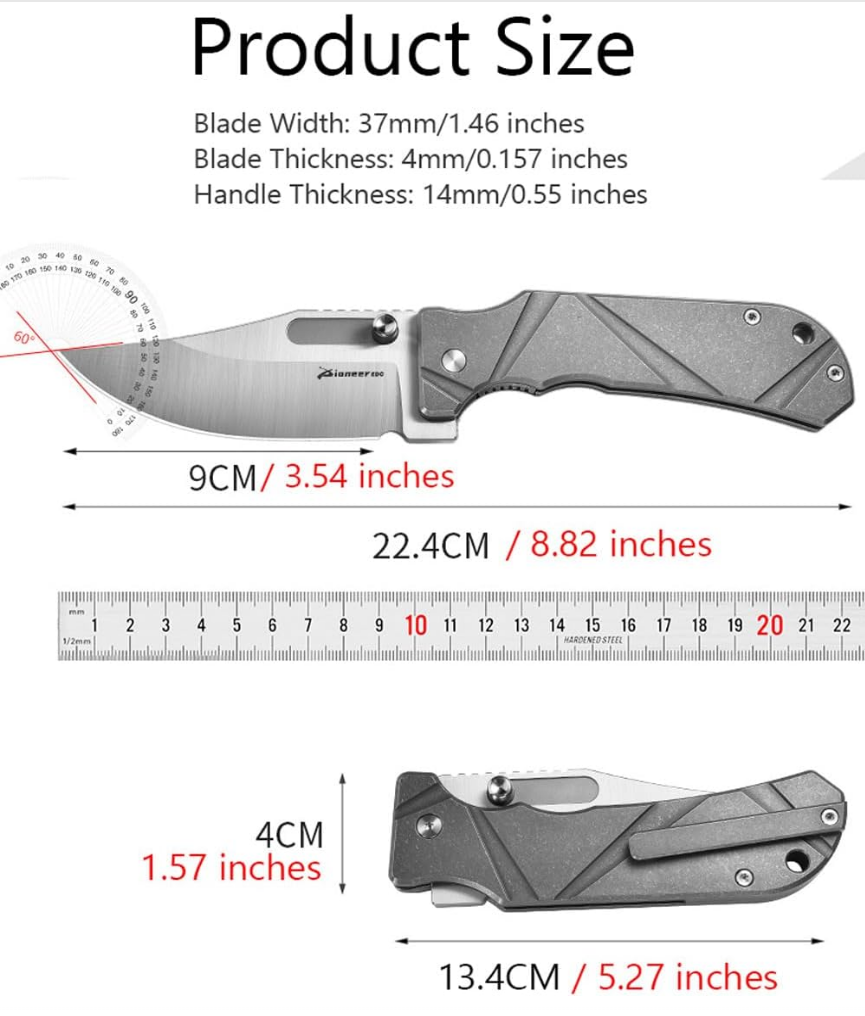 PioneerEDC DT527 Folding Pocket EDC Knife, Flipper Thumb Stud Opening D2 Drop Point Blade, 5.27 inches Frame Lock TC4 Titanium Handle with Pocekt Clip, 7.73 oz