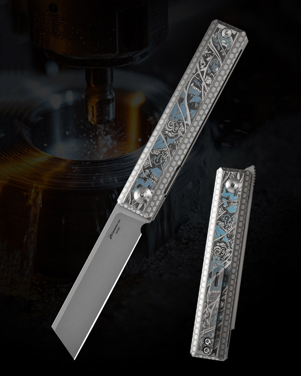 PioneerEDC MT46 Compact Folding Pocket EDC Knife, 2.6 inches Reverse Tanto M390 Blade Front Flipper Opening, Liner Lock TC4 Titanium Handle Pocket Clip, 4.8 oz