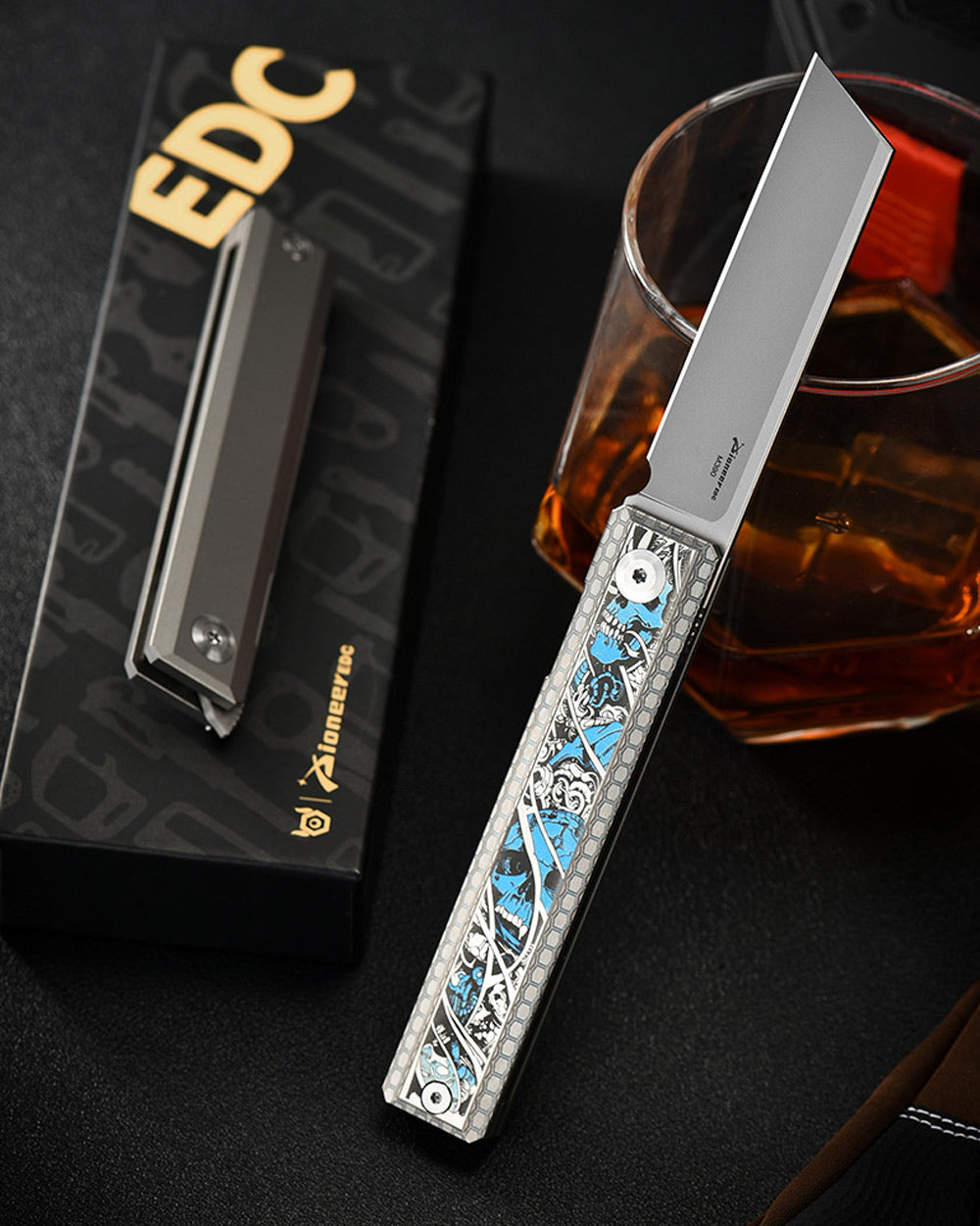 PioneerEDC MT46 Compact Folding Pocket EDC Knife, 2.6 inches Reverse Tanto M390 Blade Front Flipper Opening, Liner Lock TC4 Titanium Handle Pocket Clip, 4.8 oz