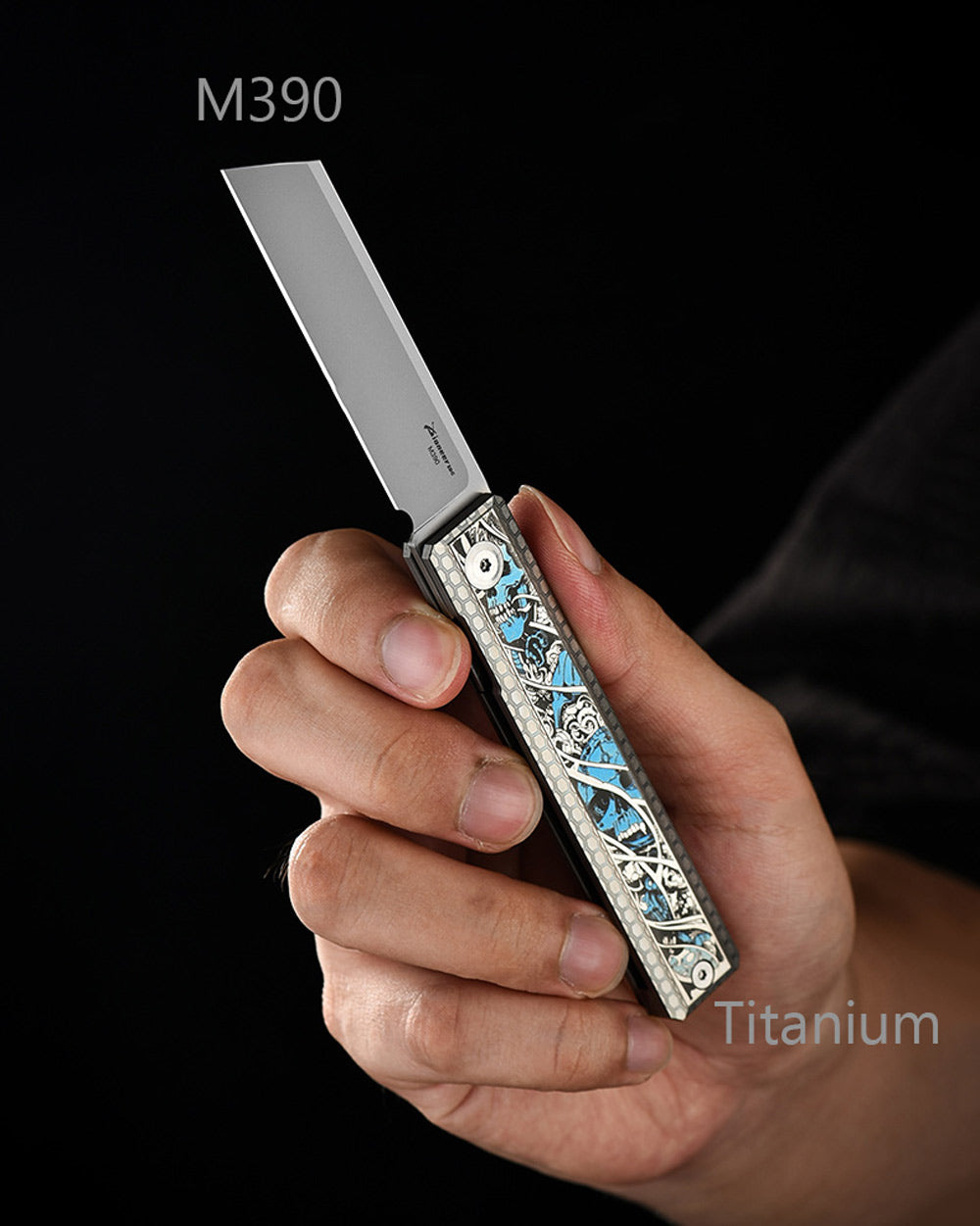 PioneerEDC MT46 Compact Folding Pocket EDC Knife, 2.6 inches Reverse Tanto M390 Blade Front Flipper Opening, Liner Lock TC4 Titanium Handle Pocket Clip, 4.8 oz