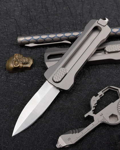 T33 Compact Retractable EDC Utility Box Cutter Pocket Knife, 1.9 inches D2 Spear Point Blades, 3.3 inches TC4 Titanium Handles