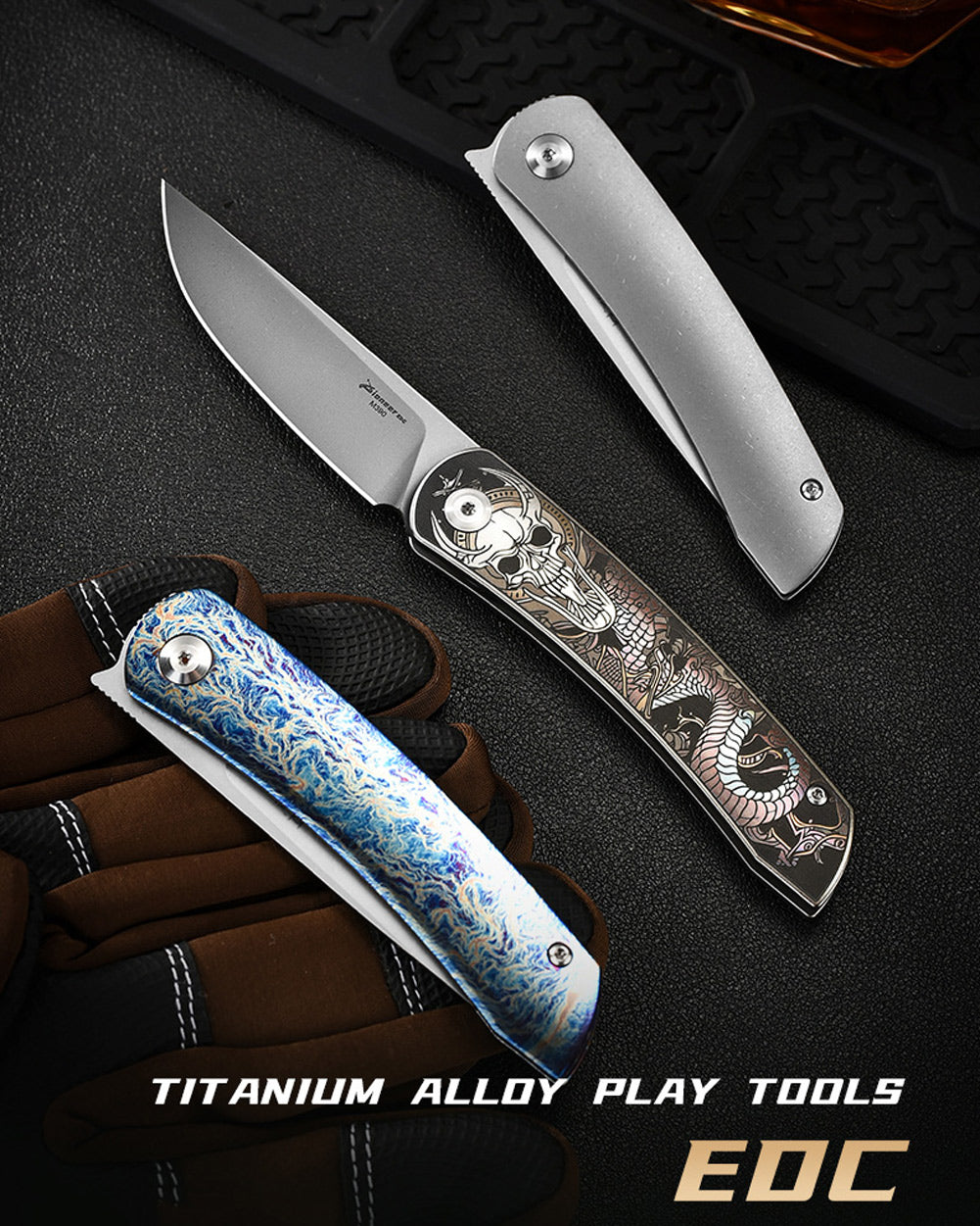 PioneerEDC MT394 Folding Pocket EDC Knife, 2.8 Inch M390 Drop Point Blade, TC4 Titanium Handle, Non-Locking Flipper