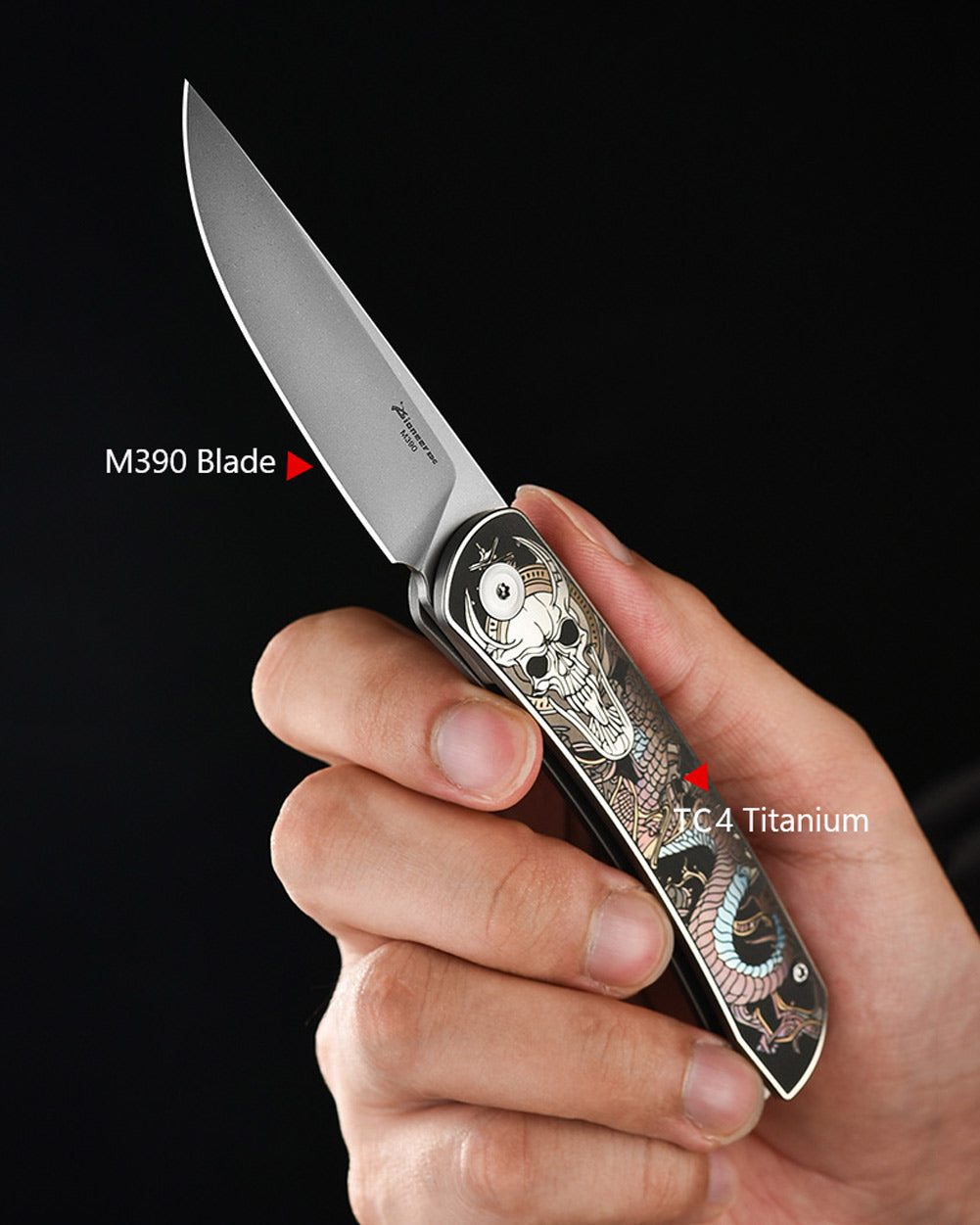 PioneerEDC MT394 Folding Pocket EDC Knife, 2.8 Inch M390 Drop Point Blade, TC4 Titanium Handle, Non-Locking Flipper