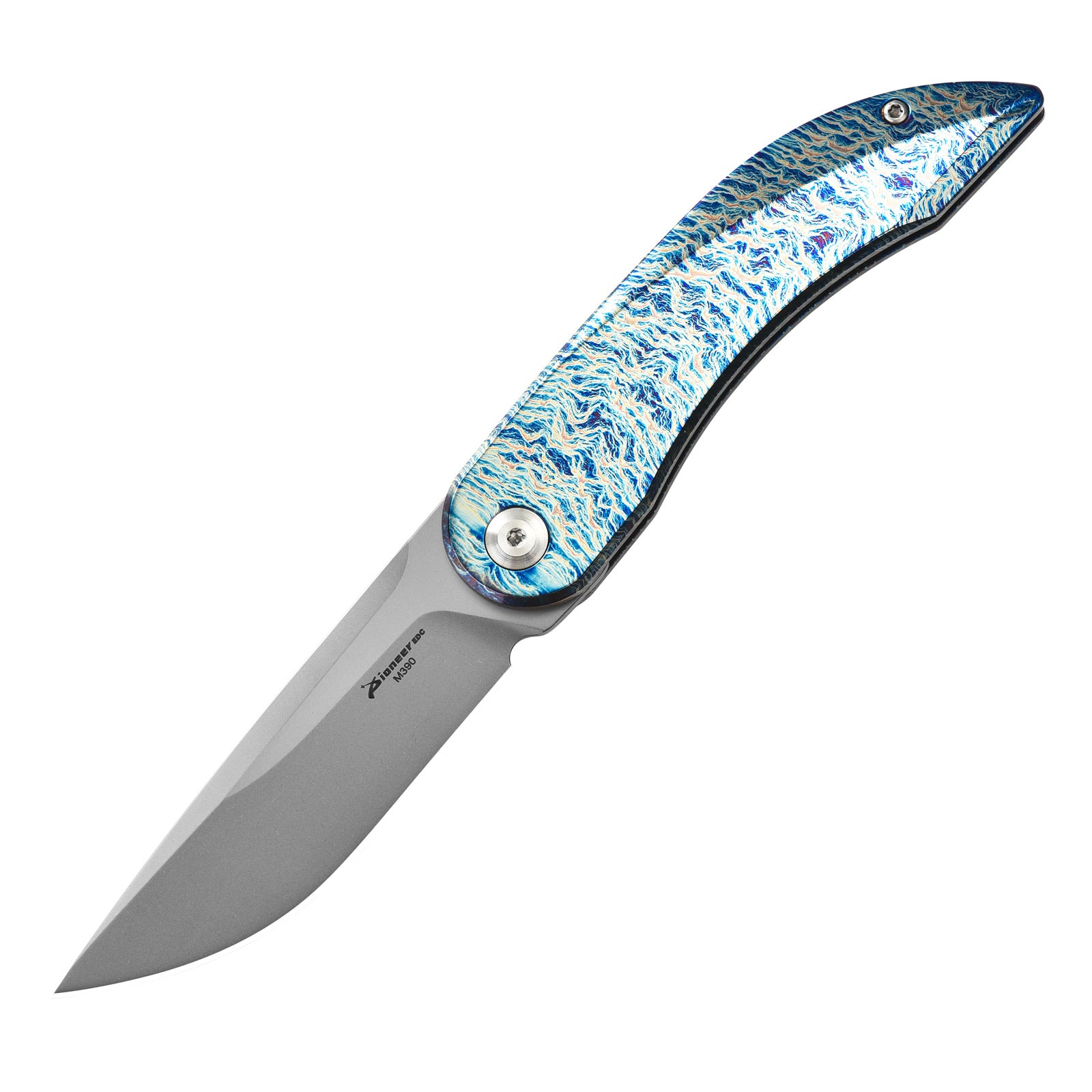 PioneerEDC MT0394 Folding Pocket Knife, 2.76 Inch M390 Drop Point Blade, TC4 Titanium Handle, Non-Locking EDC, 2.4 Oz
