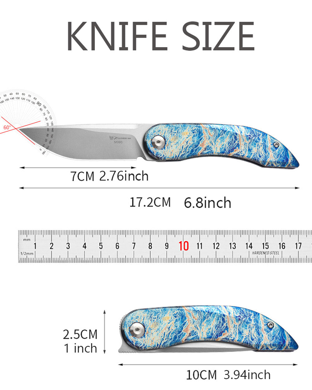 PioneerEDC MT0394 Folding Pocket Knife, 2.76 Inch M390 Drop Point Blade, TC4 Titanium Handle, Non-Locking EDC, 2.4 Oz