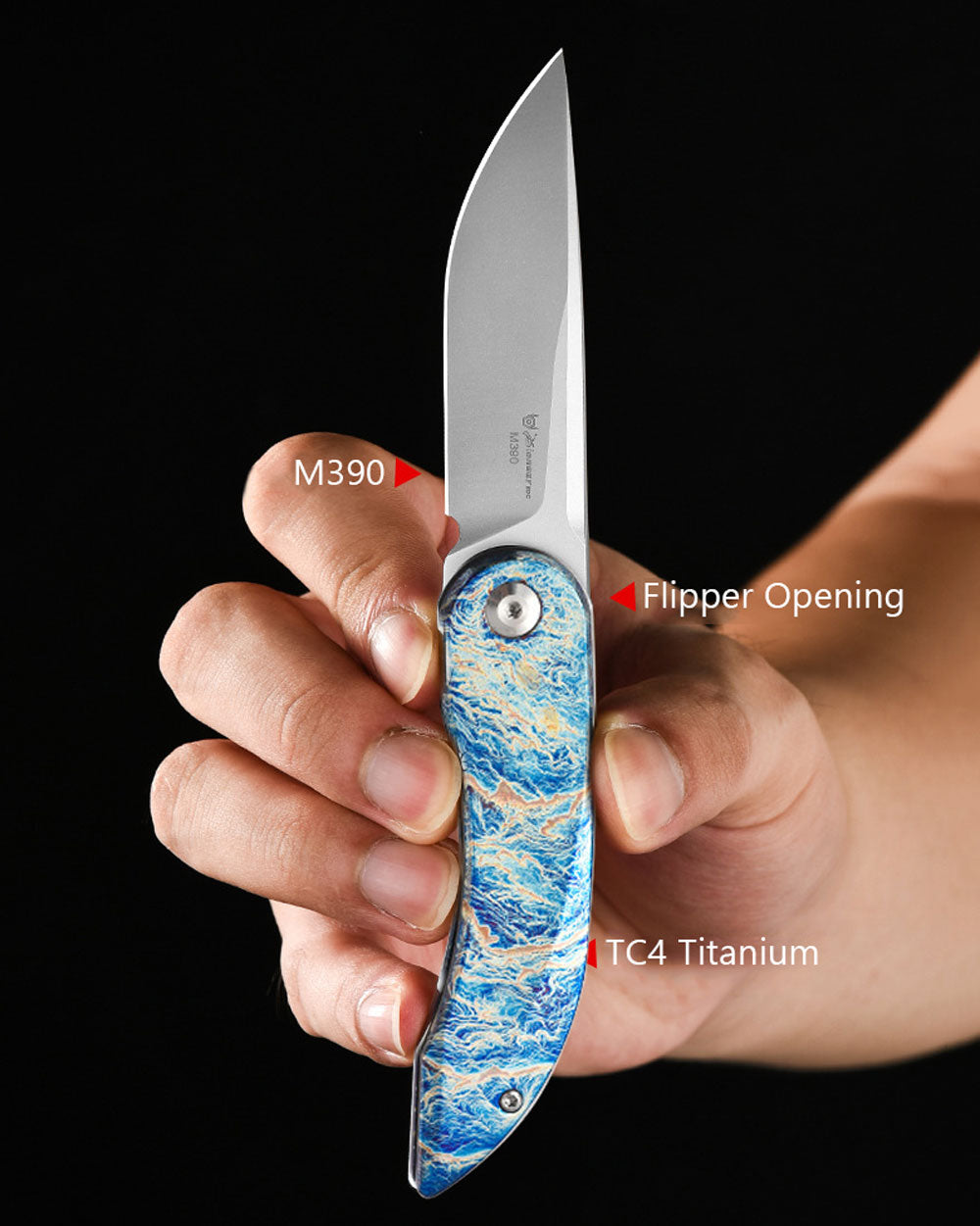 PioneerEDC MT0394 Folding Pocket Knife, 2.76 Inch M390 Drop Point Blade, TC4 Titanium Handle, Non-Locking EDC, 2.4 Oz