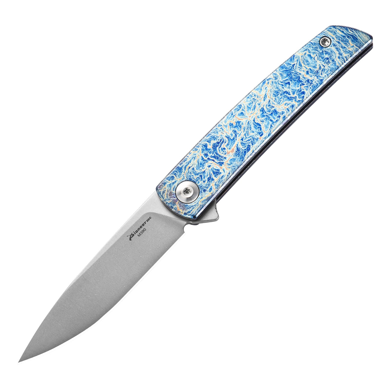 PioneerEDC MT0374 Folding Pocket Knife, 2.91 Inch M390 Drop Point Blade, TC4 Titanium Handle, Slipjoint Non-Locking, EDC, 2 Oz