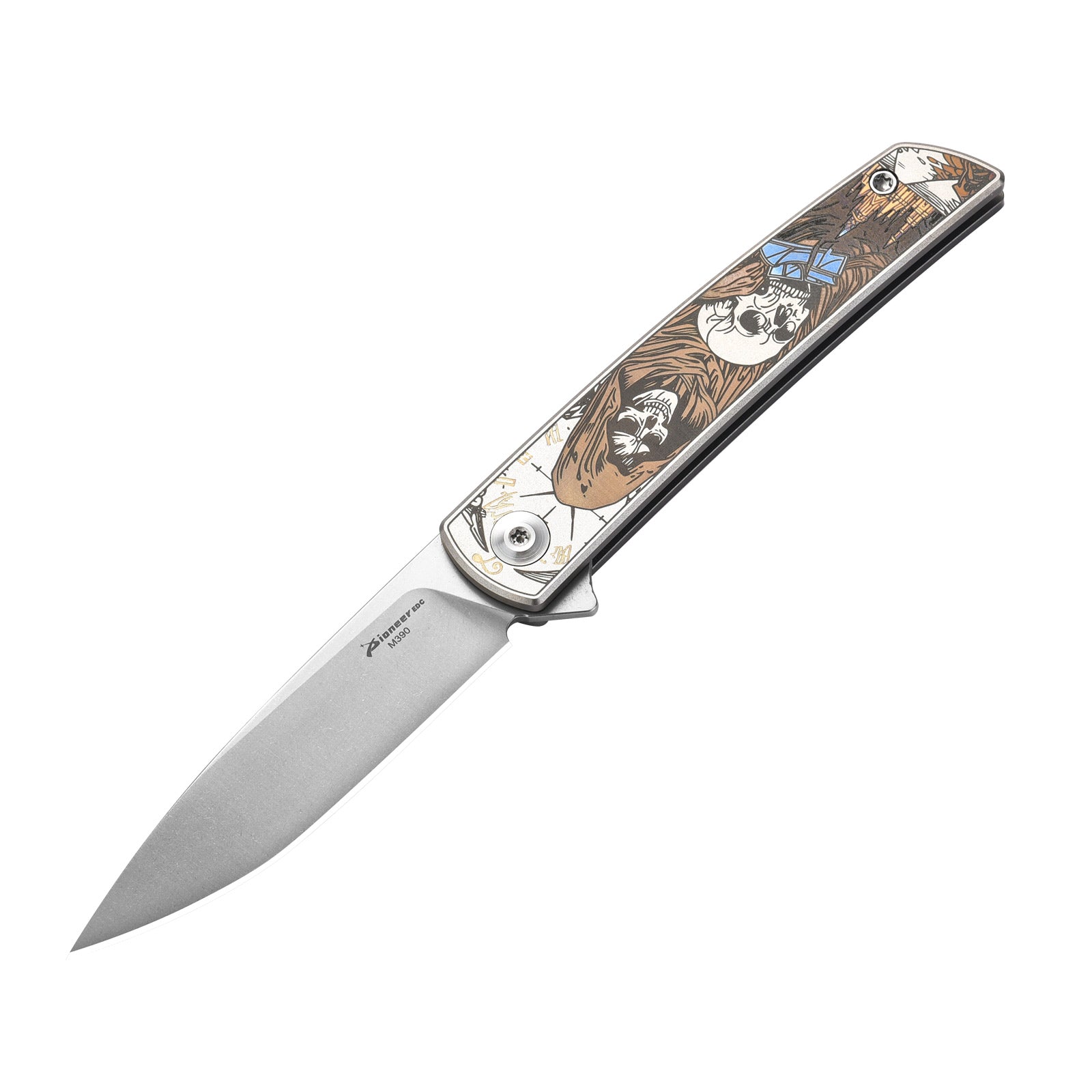 PioneerEDC MT0374 Folding Pocket Knife, 2.91 Inch M390 Drop Point Blade, TC4 Titanium Handle, Slipjoint Non-Locking, EDC, 2 Oz