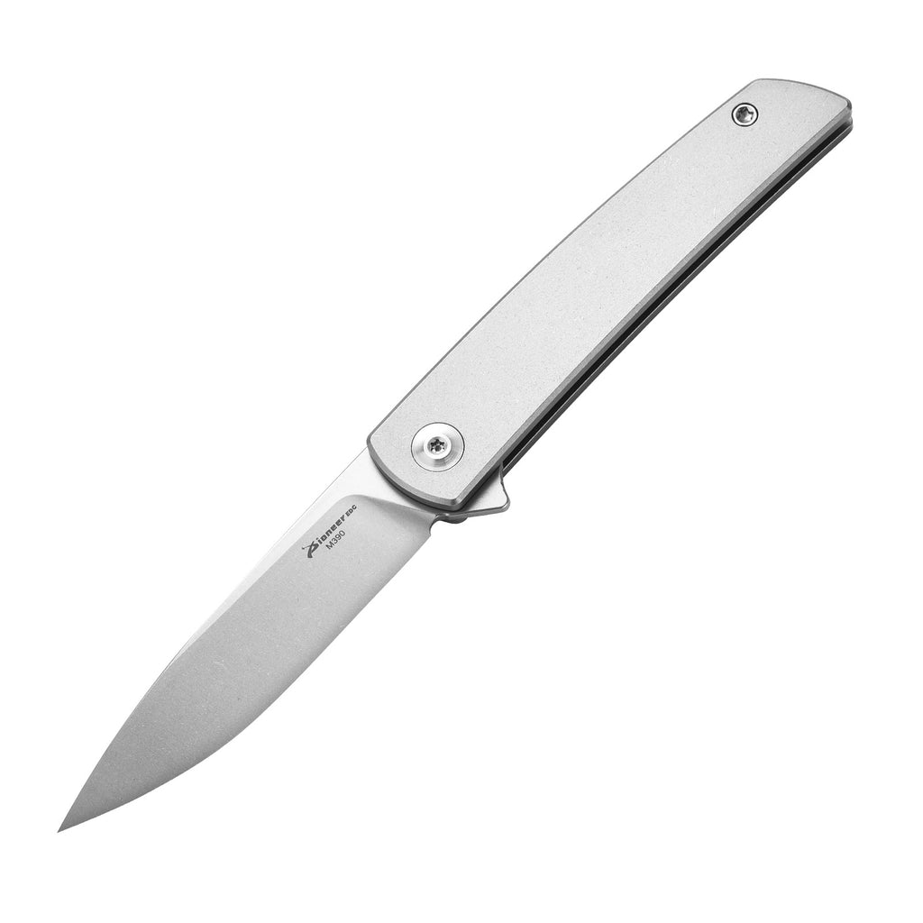 PioneerEDC MT0374 Folding Pocket Knife, 2.91 Inch M390 Drop Point Blade, TC4 Titanium Handle, Slipjoint Non-Locking, EDC, 2 Oz