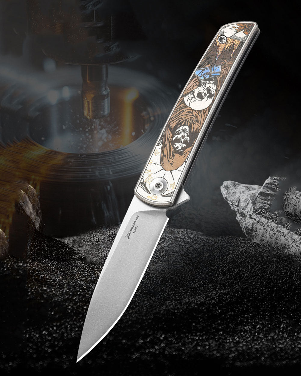PioneerEDC MT0374 Folding Pocket Knife, 2.91 Inch M390 Drop Point Blade, TC4 Titanium Handle, Slipjoint Non-Locking, EDC, 2 Oz
