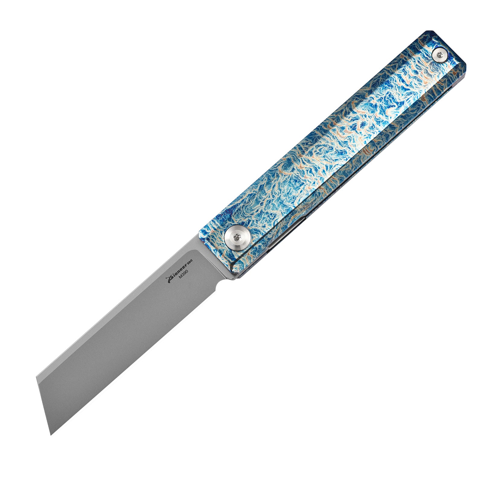 PioneerEDC MT46 Compact Folding Pocket EDC Knife, 2.6 inches Reverse Tanto M390 Blade Front Flipper Opening, Liner Lock TC4 Titanium Handle Pocket Clip, 4.8 oz
