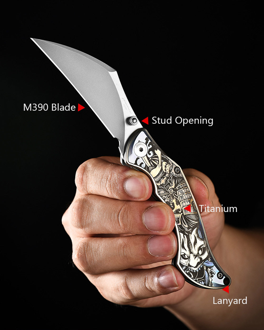 PioneerEDC MT47 Compact Folding Pocket EDC Knife, M390 Wharncliffe Blade, Frame Lock TC4 Titanium Handle with Pocket Clip, 2.4 oz