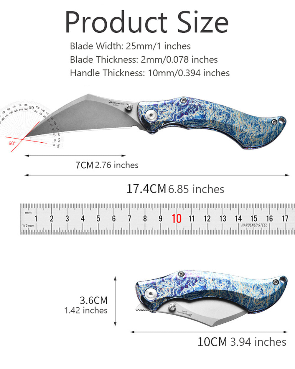 PioneerEDC MT47 Compact Folding Pocket EDC Knife, M390 Wharncliffe Blade, Frame Lock TC4 Titanium Handle with Pocket Clip, 2.4 oz