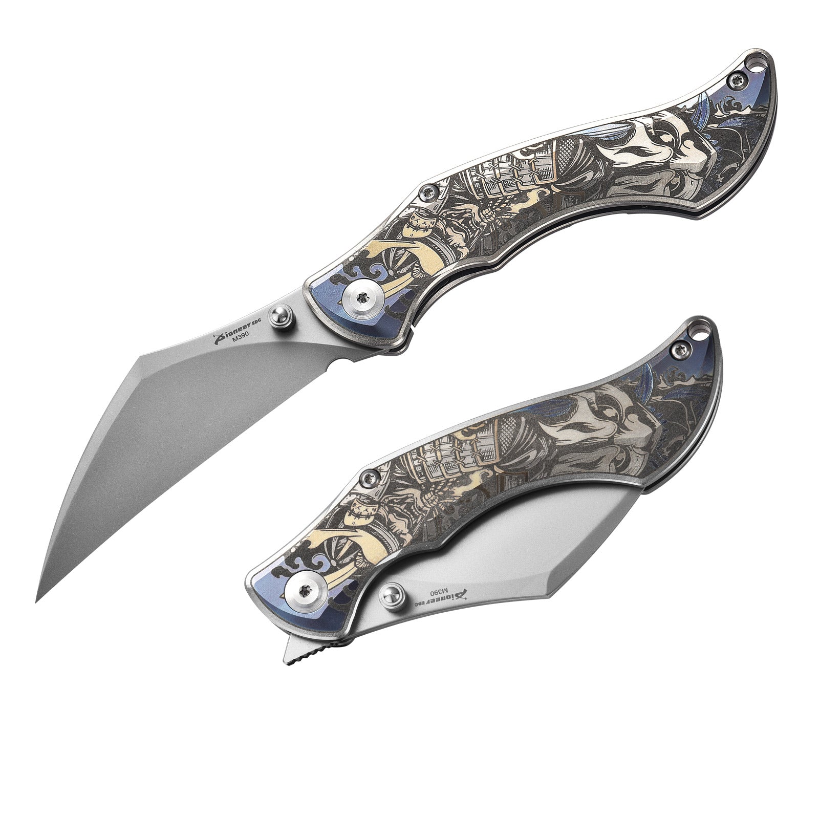 PioneerEDC MT47 Compact Folding Pocket EDC Knife, M390 Wharncliffe Blade, Frame Lock TC4 Titanium Handle with Pocket Clip, 2.4 oz