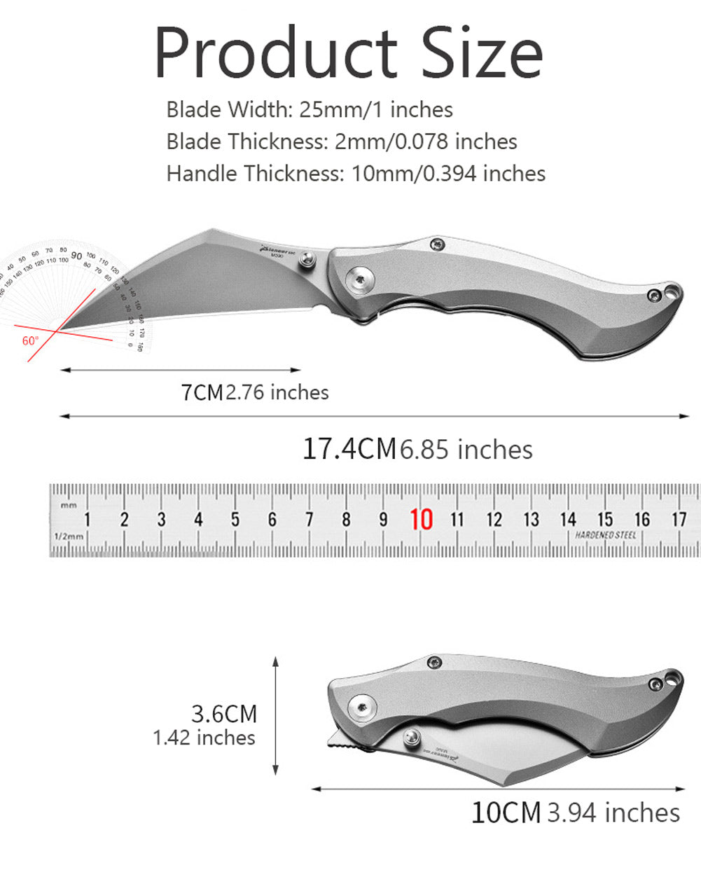 PioneerEDC MT47 Compact Folding Pocket EDC Knife, M390 Wharncliffe Blade, Frame Lock TC4 Titanium Handle with Pocket Clip, 2.4 oz