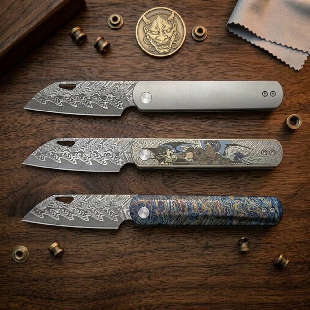 PioneerEDC DT421 Folding Pocket EDC Knife, Damascus Blade, TC4 Titanium Handle, Wharncliffe Sheepsfoot, Non-Locking Slipjoint, 4.8 oz