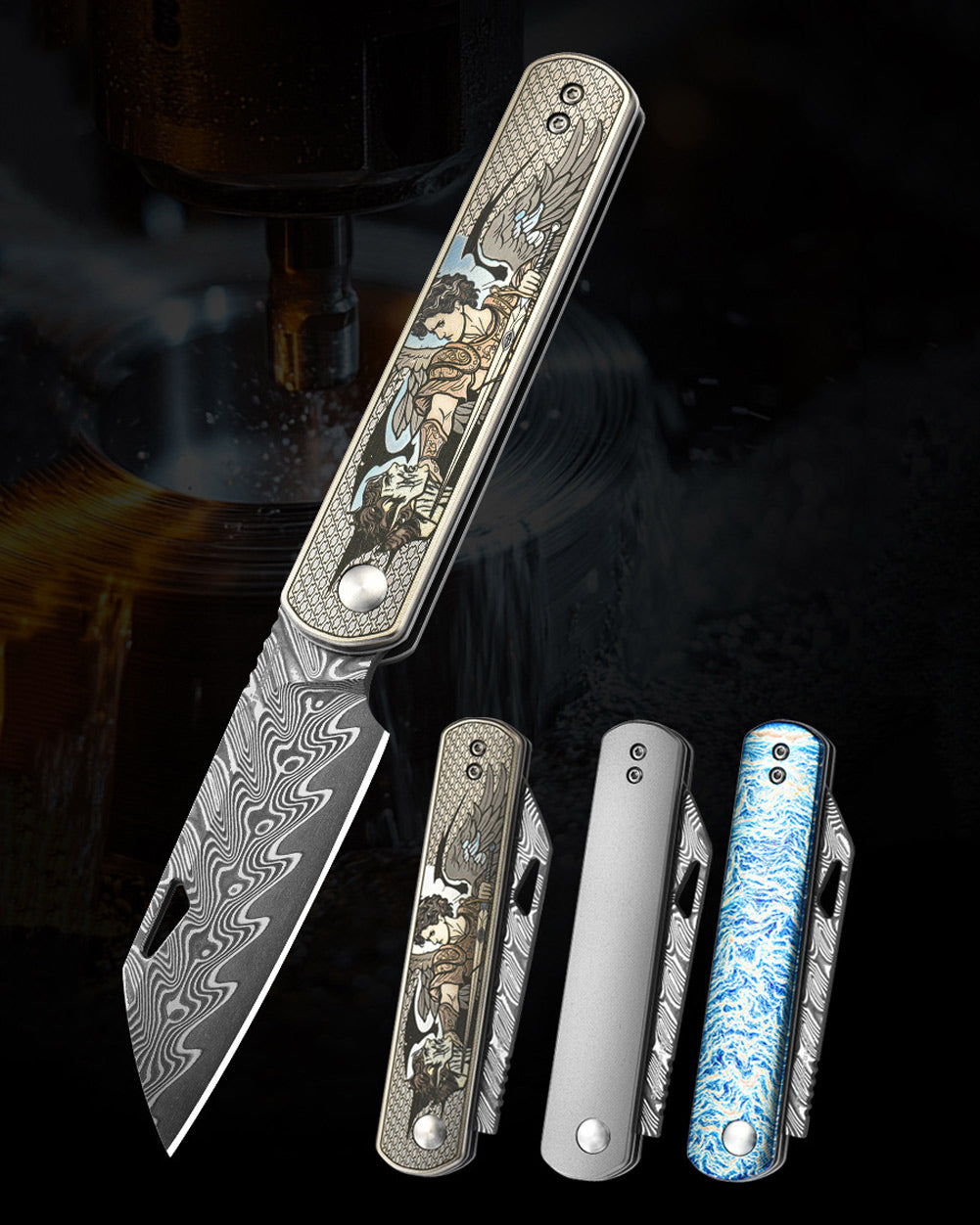 PioneerEDC DT421 Folding Pocket EDC Knife, Damascus Blade, TC4 Titanium Handle, Wharncliffe Sheepsfoot, Non-Locking Slipjoint, 4.8 oz