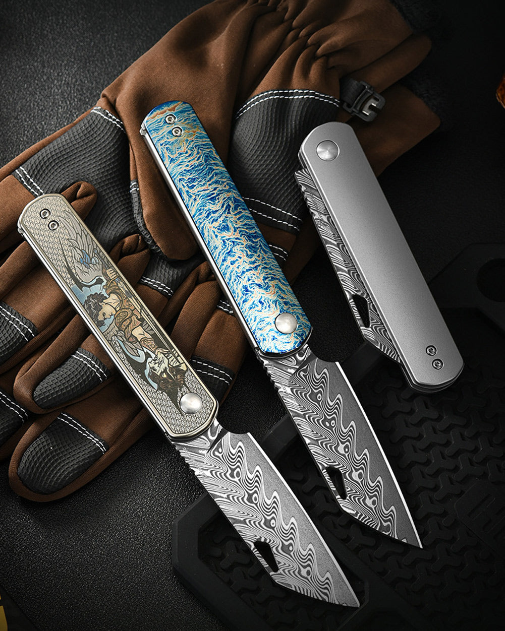 PioneerEDC DT421 Folding Pocket EDC Knife, Damascus Blade, TC4 Titanium Handle, Wharncliffe Sheepsfoot, Non-Locking Slipjoint, 4.8 oz