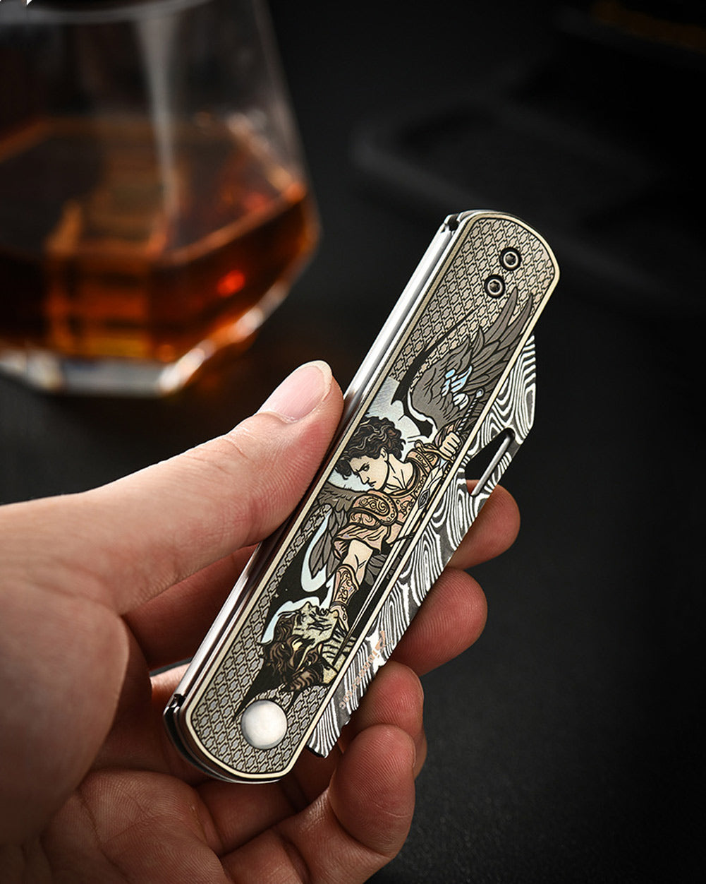 PioneerEDC DT421 Folding Pocket EDC Knife, Damascus Blade, TC4 Titanium Handle, Wharncliffe Sheepsfoot, Non-Locking Slipjoint, 4.8 oz