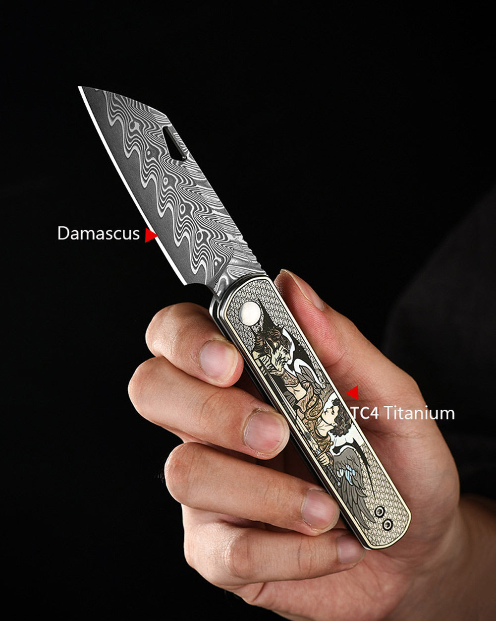 PioneerEDC DT421 Folding Pocket EDC Knife, Damascus Blade, TC4 Titanium Handle, Wharncliffe Sheepsfoot, Non-Locking Slipjoint, 4.8 oz