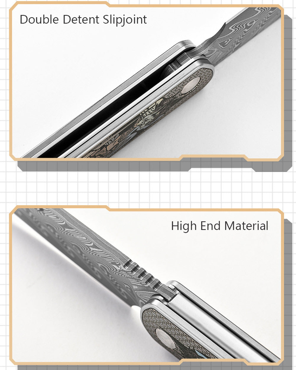 PioneerEDC DT421 Folding Pocket EDC Knife, Damascus Blade, TC4 Titanium Handle, Wharncliffe Sheepsfoot, Non-Locking Slipjoint, 4.8 oz