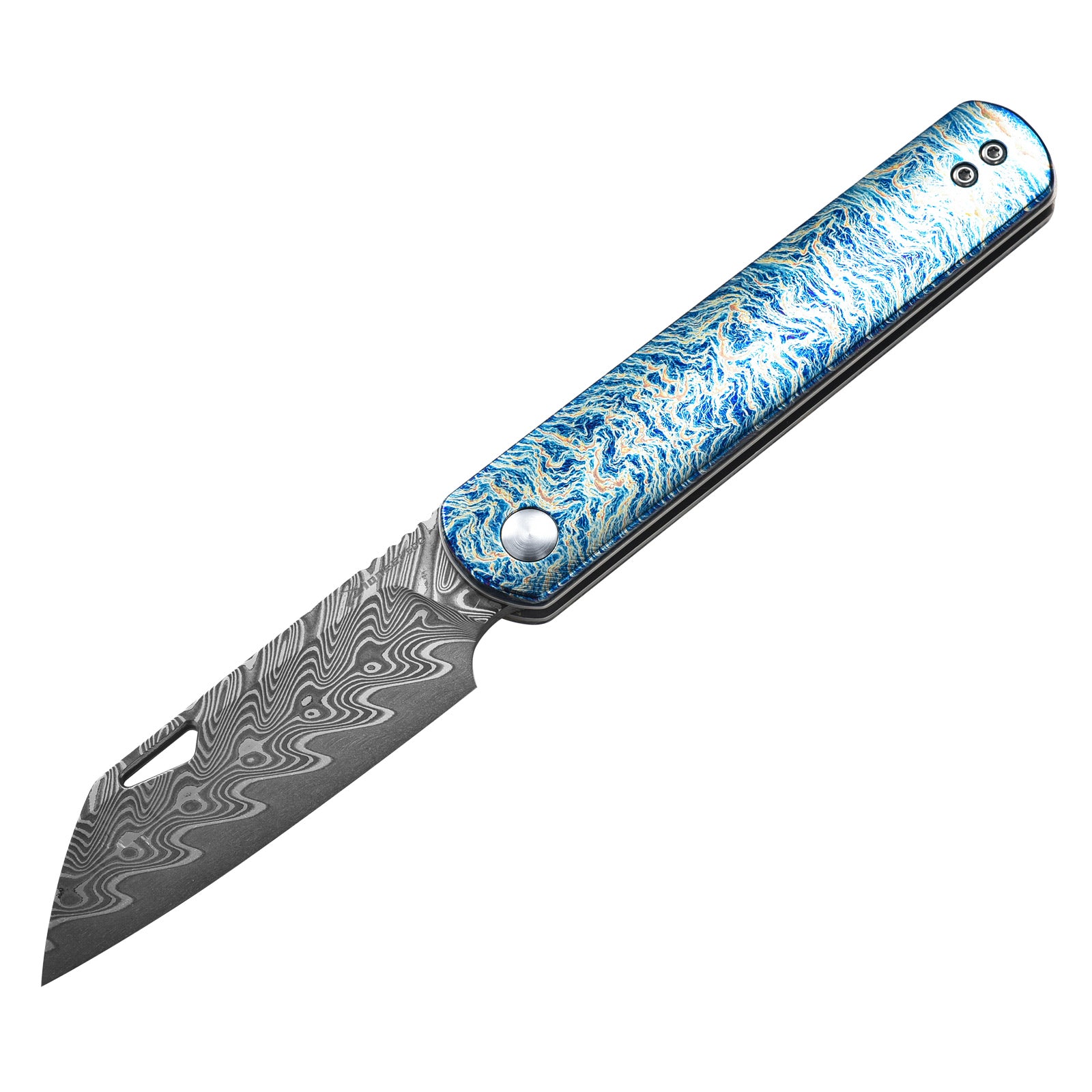 PioneerEDC DT421 Folding Pocket EDC Knife, Damascus Blade, TC4 Titanium Handle, Wharncliffe Sheepsfoot, Non-Locking Slipjoint, 4.8 oz