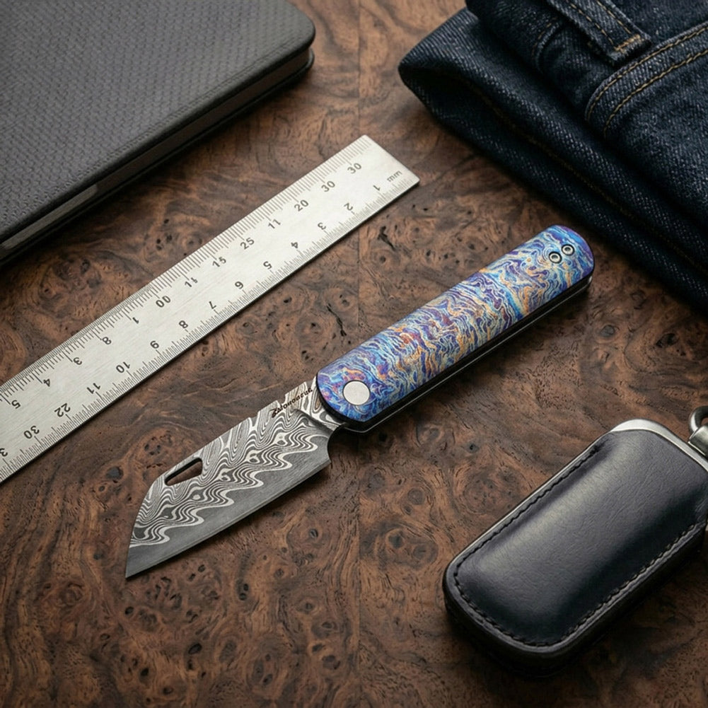 PioneerEDC DT421 Folding Pocket EDC Knife, Damascus Blade, TC4 Titanium Handle, Wharncliffe Sheepsfoot, Non-Locking Slipjoint, 4.8 oz