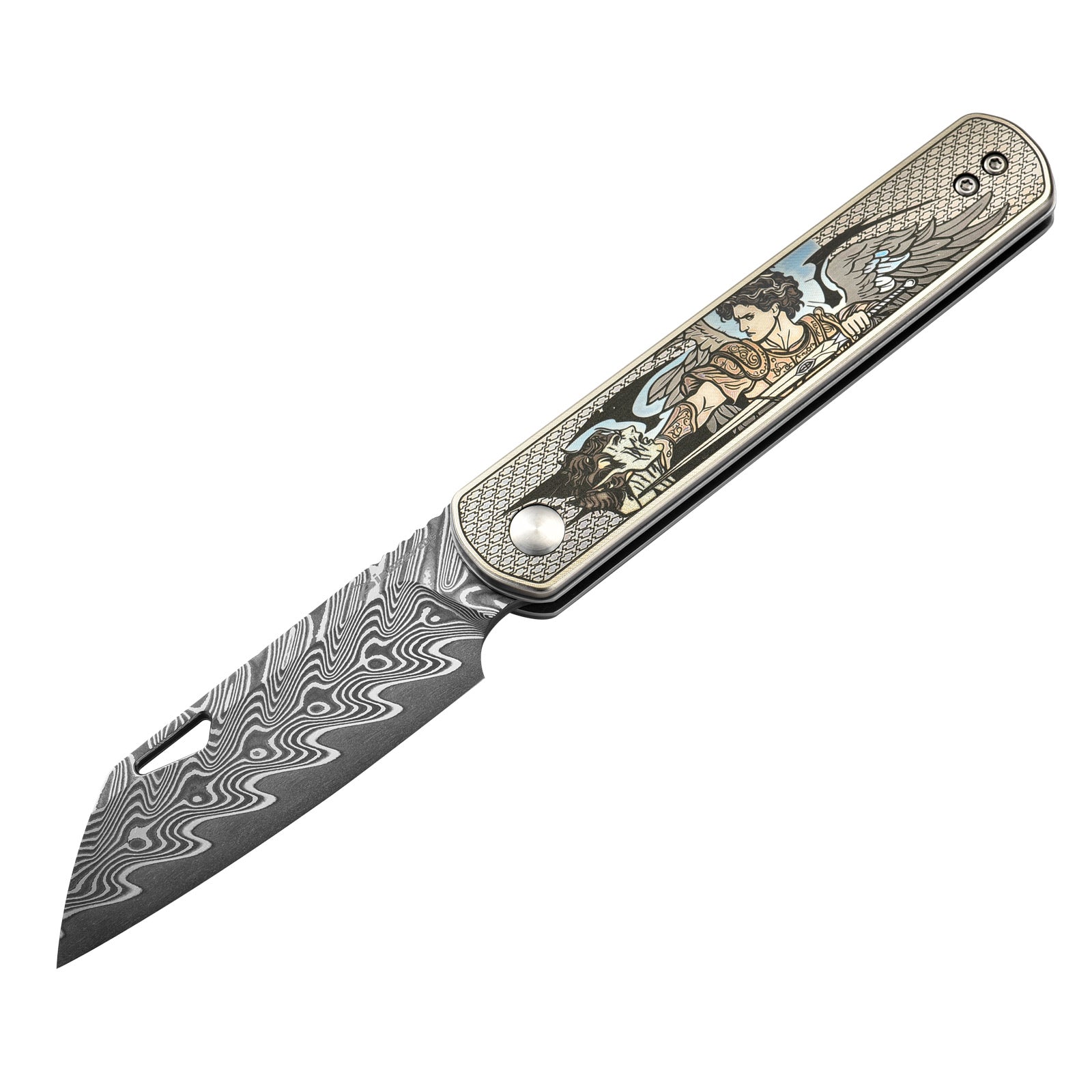 PioneerEDC DT421 Folding Pocket EDC Knife, Damascus Blade, TC4 Titanium Handle, Wharncliffe Sheepsfoot, Non-Locking Slipjoint, 4.8 oz