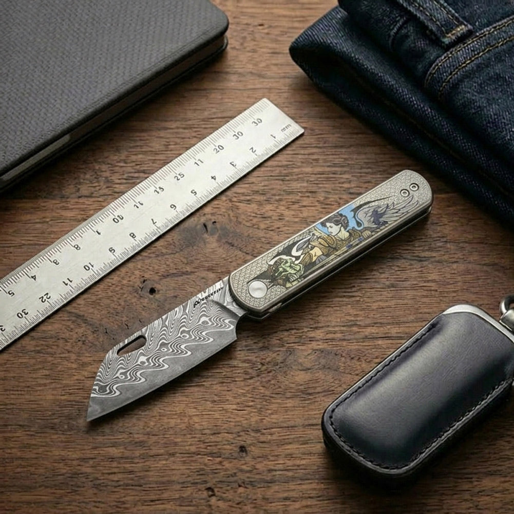 PioneerEDC DT421 Folding Pocket EDC Knife, Damascus Blade, TC4 Titanium Handle, Wharncliffe Sheepsfoot, Non-Locking Slipjoint, 4.8 oz