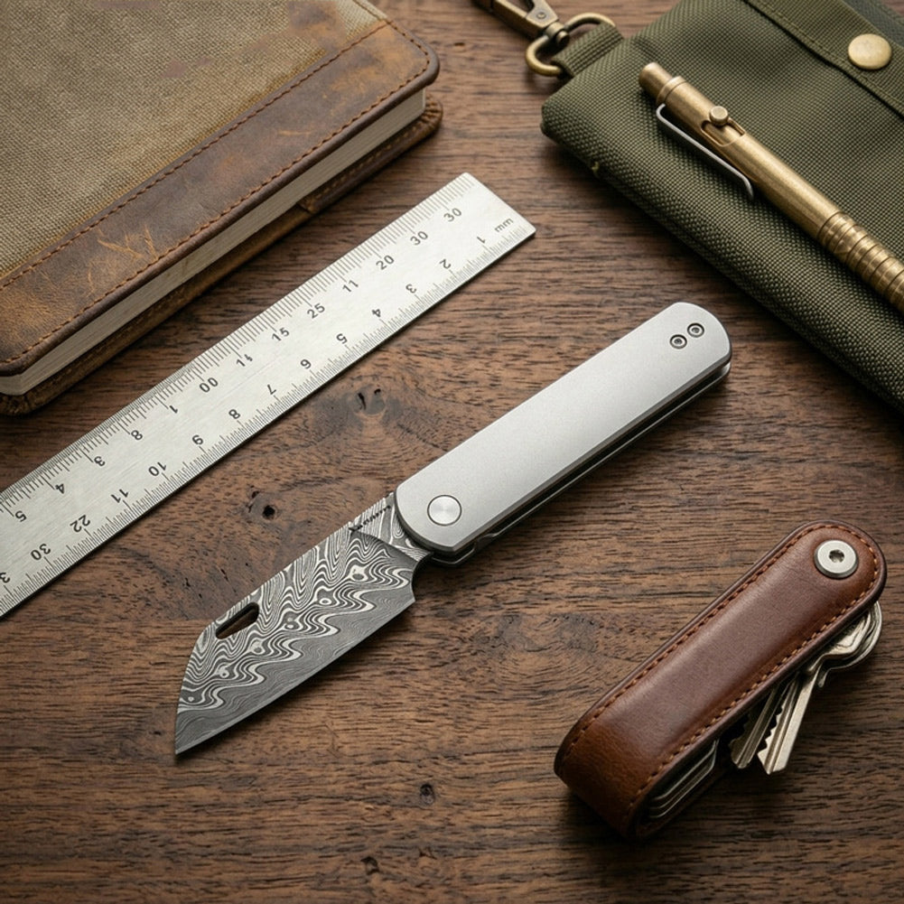 PioneerEDC DT421 Folding Pocket EDC Knife, Damascus Blade, TC4 Titanium Handle, Wharncliffe Sheepsfoot, Non-Locking Slipjoint, 4.8 oz