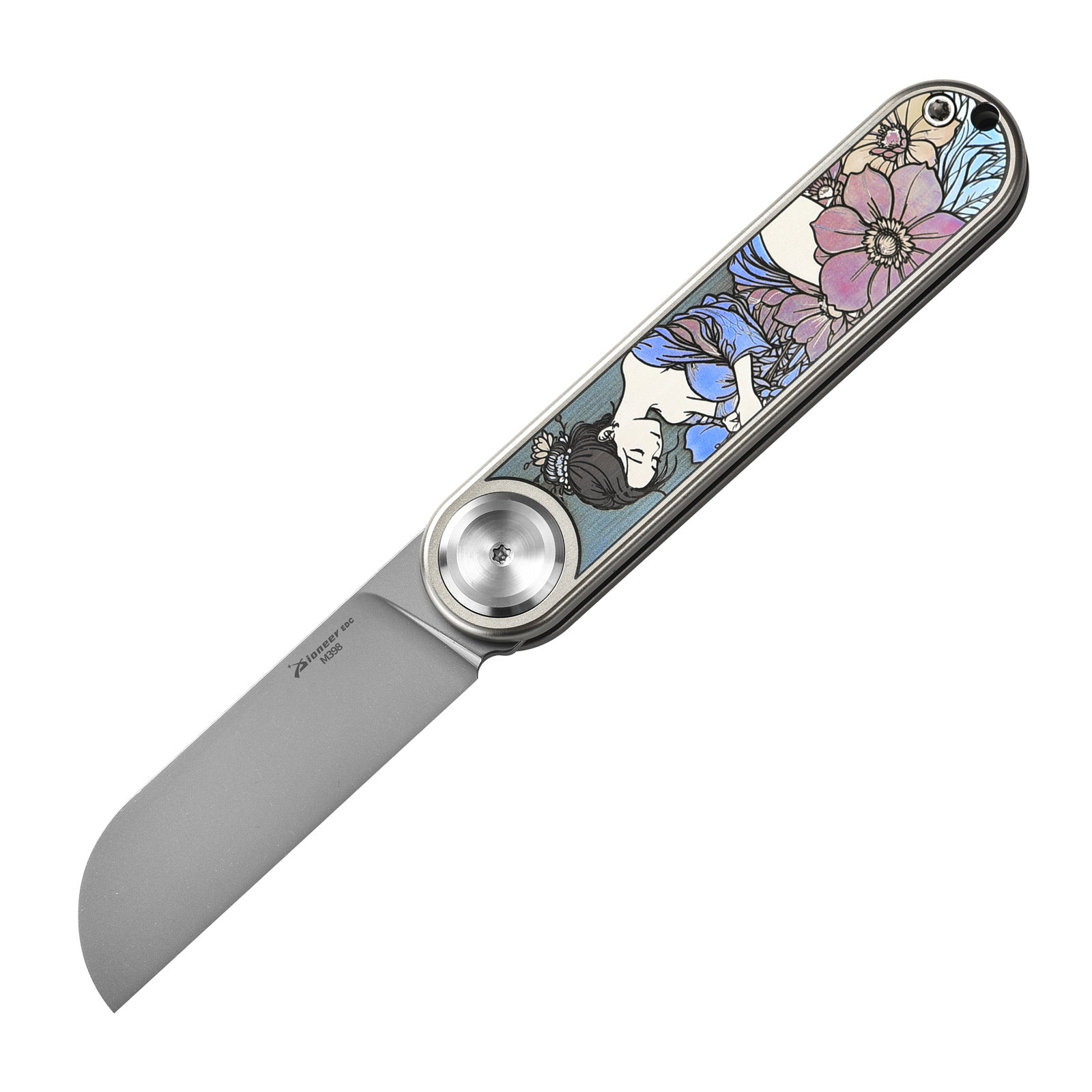 PioneerEDC MT358 Folding Pocket EDC Knife, 2.28 Inch Sheepsfoot M398 Blade, TC4 Titanium Handles, Double Detent Non-Locking, Front Flipper Opening, 2.57 Oz