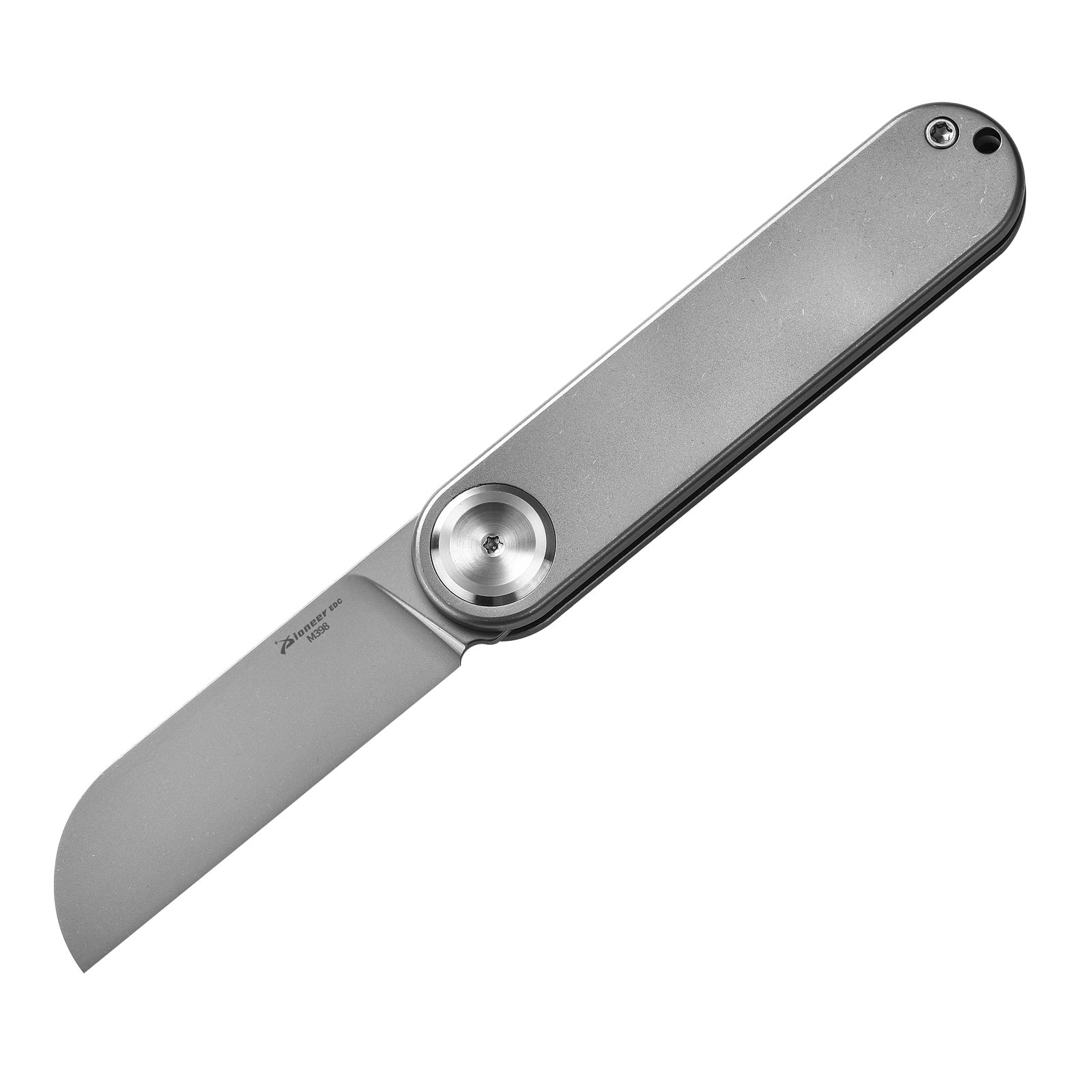 PioneerEDC MT358 Folding Pocket EDC Knife, 2.28 Inch Sheepsfoot M398 Blade, TC4 Titanium Handles, Double Detent Non-Locking, Front Flipper Opening, 2.57 Oz