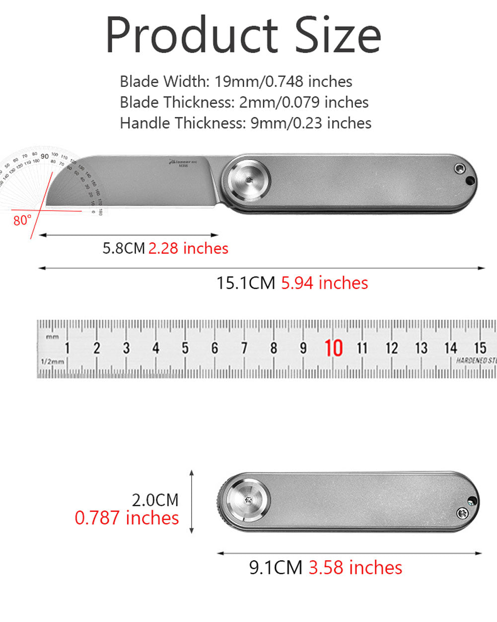 PioneerEDC MT358 Folding Pocket EDC Knife, 2.28 Inch Sheepsfoot M398 Blade, TC4 Titanium Handles, Double Detent Non-Locking, Front Flipper Opening, 2.57 Oz