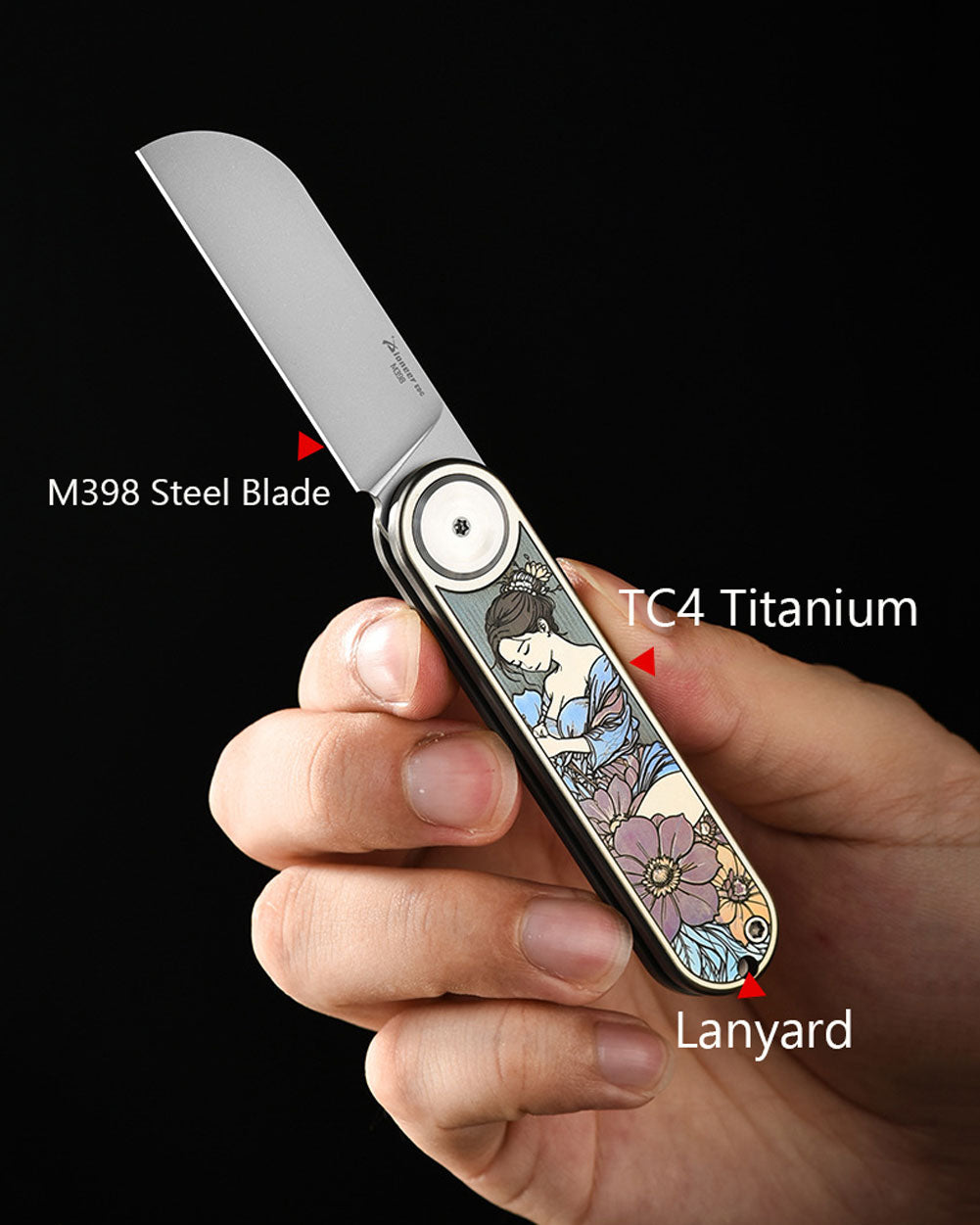 PioneerEDC MT358 Folding Pocket EDC Knife, 2.28 Inch Sheepsfoot M398 Blade, TC4 Titanium Handles, Double Detent Non-Locking, Front Flipper Opening, 2.57 Oz