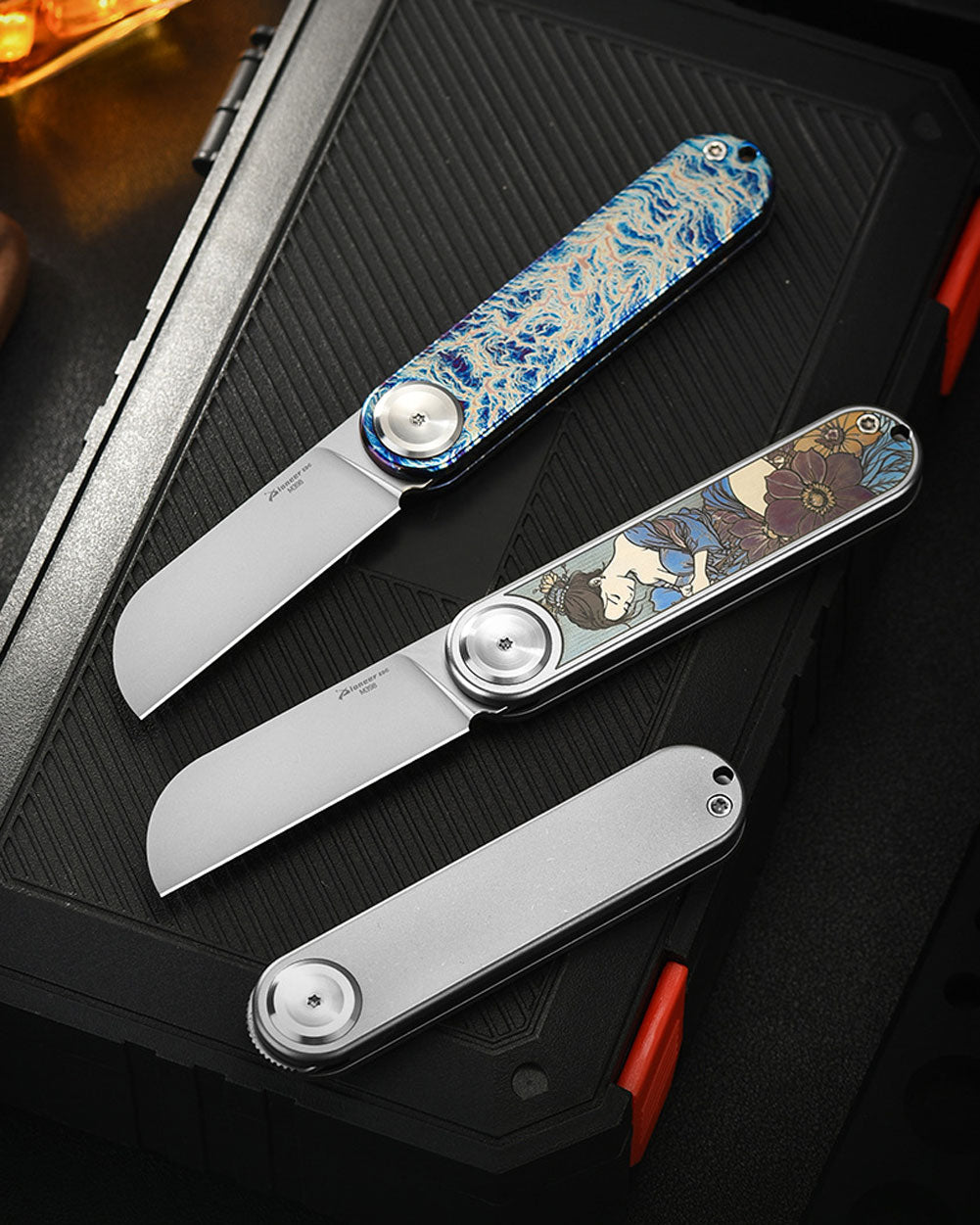 PioneerEDC MT358 Folding Pocket EDC Knife, 2.28 Inch Sheepsfoot M398 Blade, TC4 Titanium Handles, Double Detent Non-Locking, Front Flipper Opening, 2.57 Oz