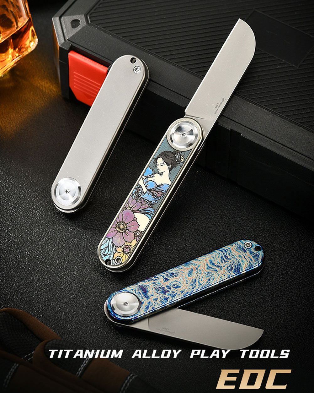 PioneerEDC MT358 Folding Pocket EDC Knife, 2.28 Inch Sheepsfoot M398 Blade, TC4 Titanium Handles, Double Detent Non-Locking, Front Flipper Opening, 2.57 Oz