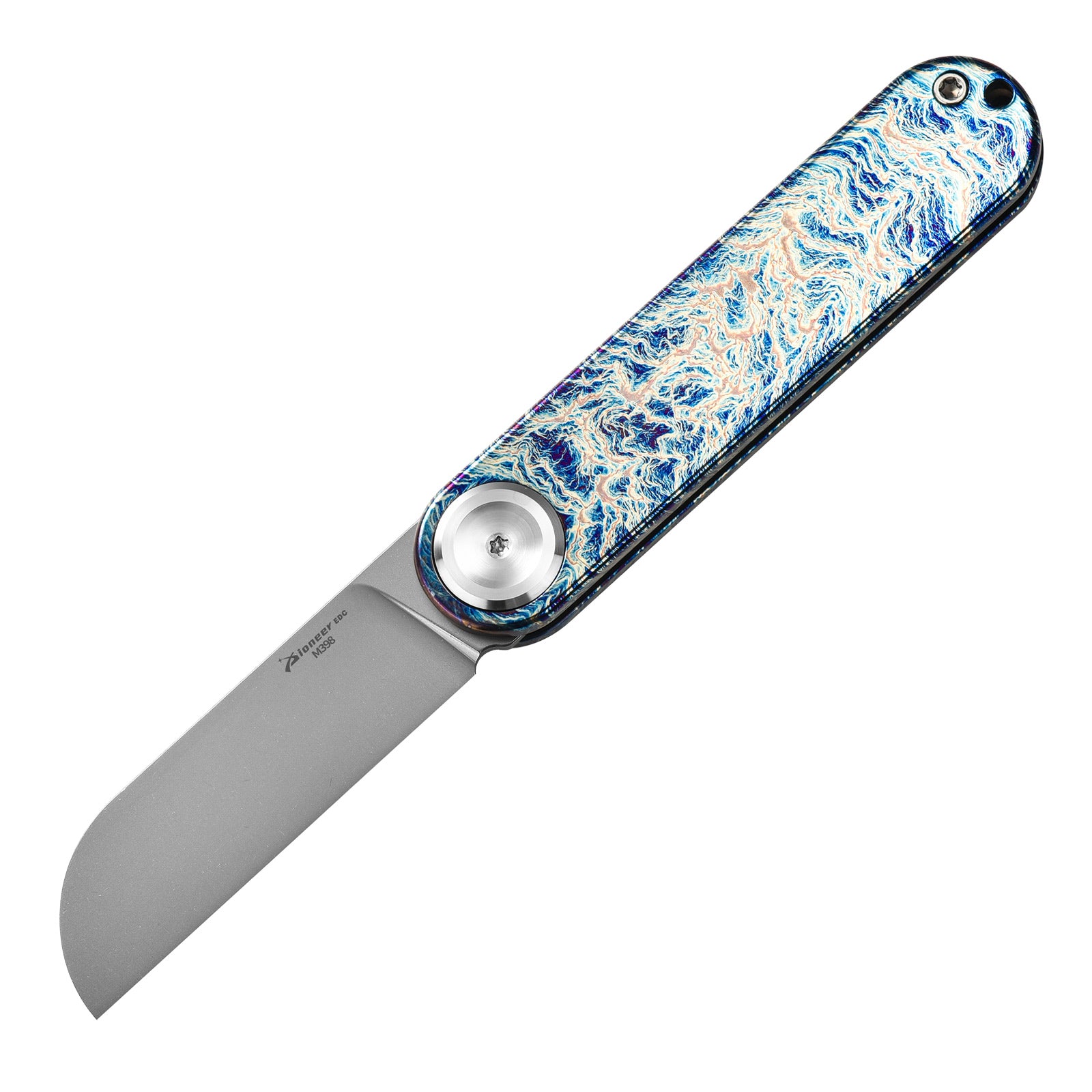 PioneerEDC MT358 Folding Pocket EDC Knife, 2.28 Inch Sheepsfoot M398 Blade, TC4 Titanium Handles, Double Detent Non-Locking, Front Flipper Opening, 2.57 Oz