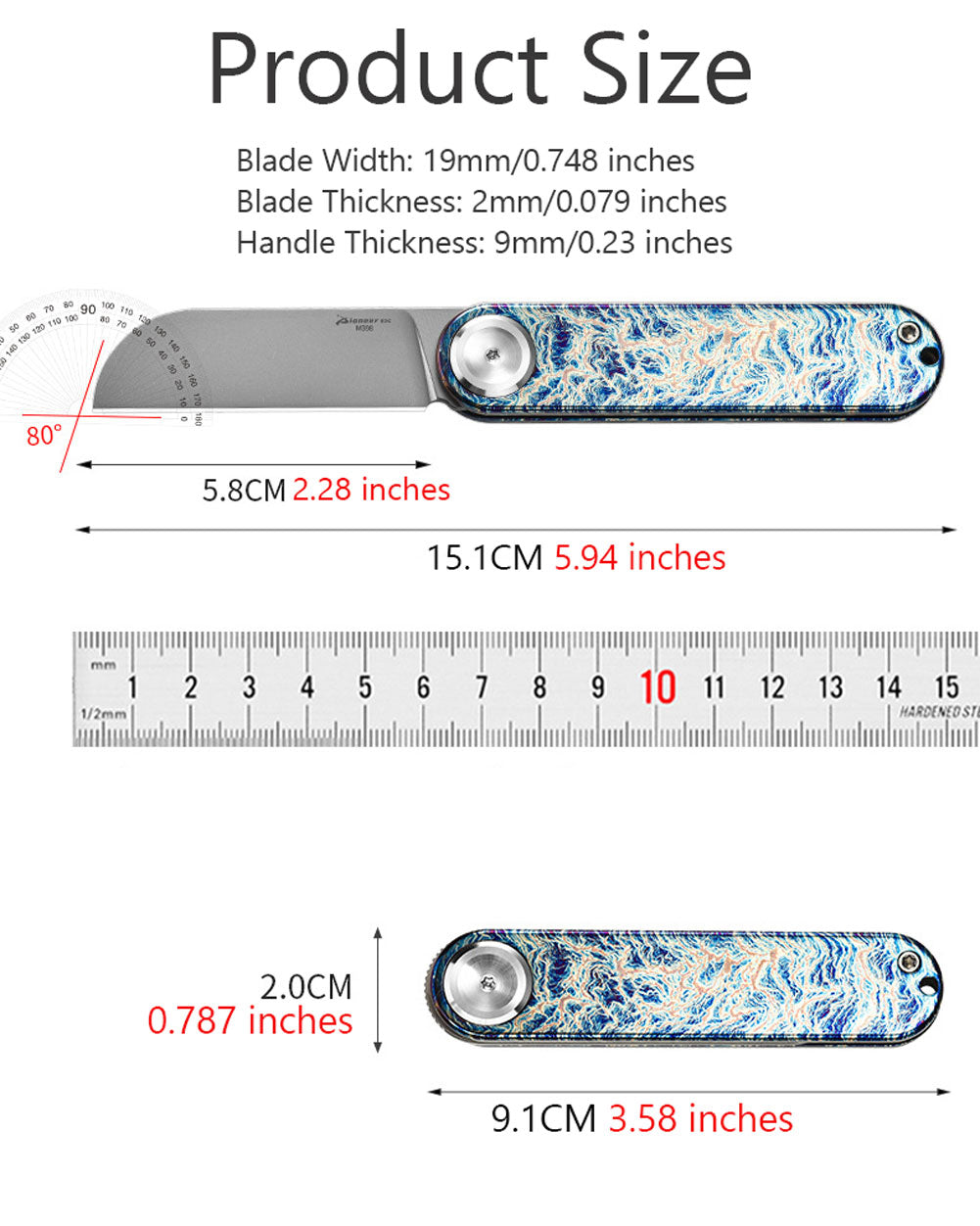 PioneerEDC MT358 Folding Pocket EDC Knife, 2.28 Inch Sheepsfoot M398 Blade, TC4 Titanium Handles, Double Detent Non-Locking, Front Flipper Opening, 2.57 Oz