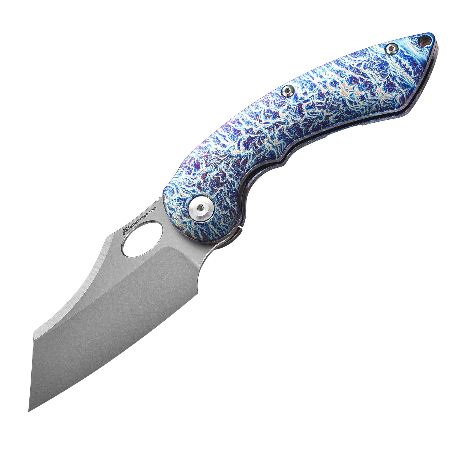 PioneerEDC MT56 Compact Folding Pocket EDC Flipper Thumb Hole Opening Knife, M390 Wharncliffe Blade, 3.94 inches Frame Lock TC4 Titanium Handle with Pocket Clip, 3 oz