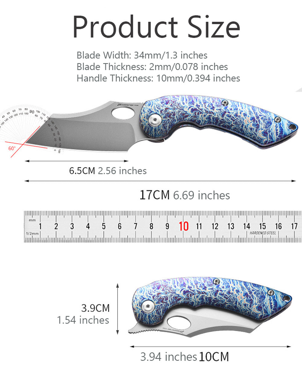 PioneerEDC MT56 Compact Folding Pocket EDC Flipper Thumb Hole Opening Knife, M390 Wharncliffe Blade, 3.94 inches Frame Lock TC4 Titanium Handle with Pocket Clip, 3 oz