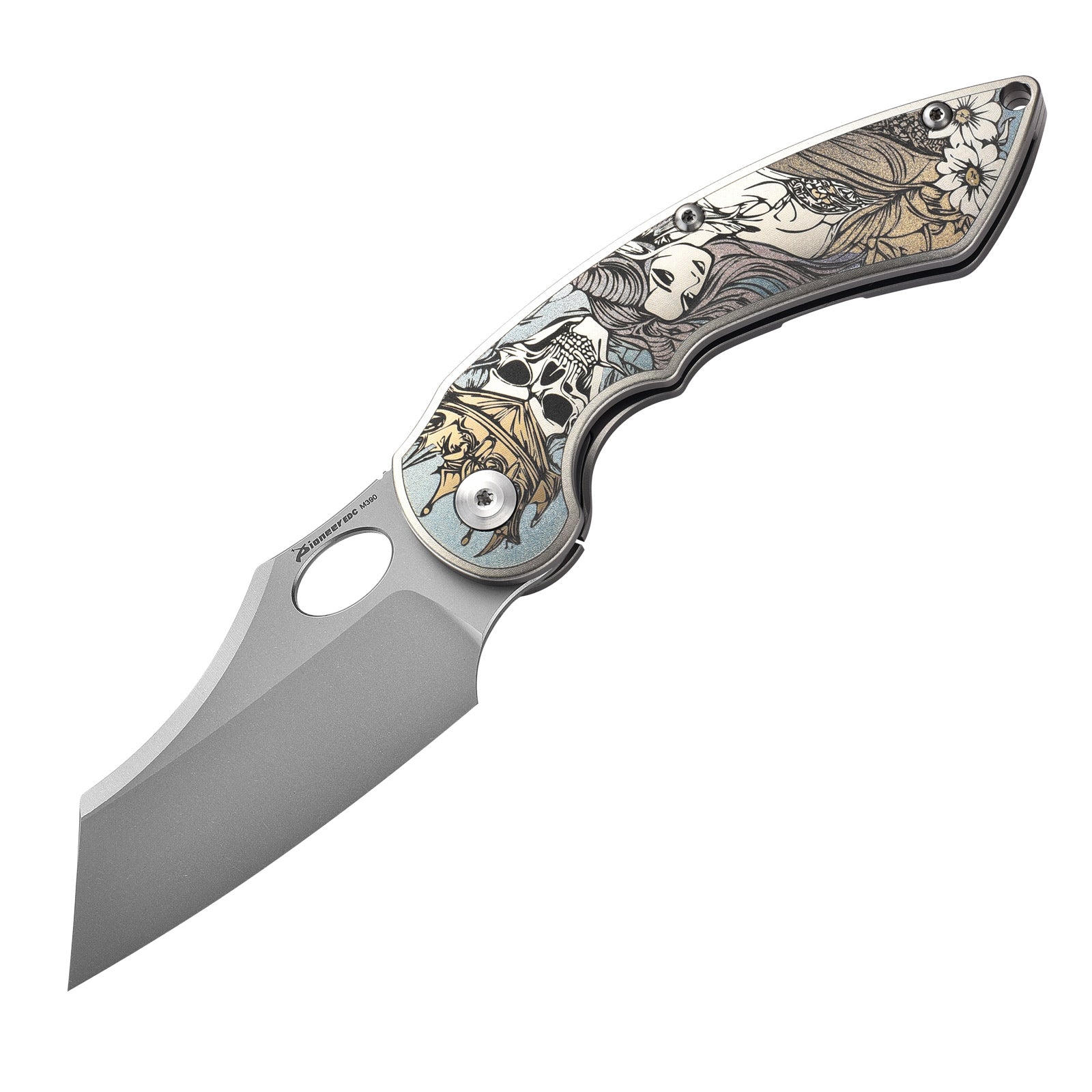 PioneerEDC MT56 Compact Folding Pocket EDC Flipper Thumb Hole Opening Knife, M390 Wharncliffe Blade, 3.94 inches Frame Lock TC4 Titanium Handle with Pocket Clip, 3 oz