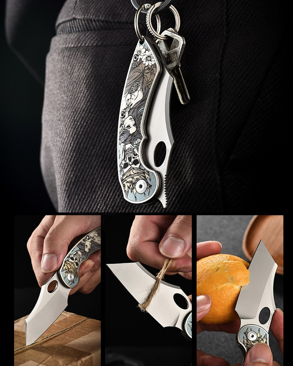 PioneerEDC MT56 Compact Folding Pocket EDC Flipper Thumb Hole Opening Knife, M390 Wharncliffe Blade, 3.94 inches Frame Lock TC4 Titanium Handle with Pocket Clip, 3 oz