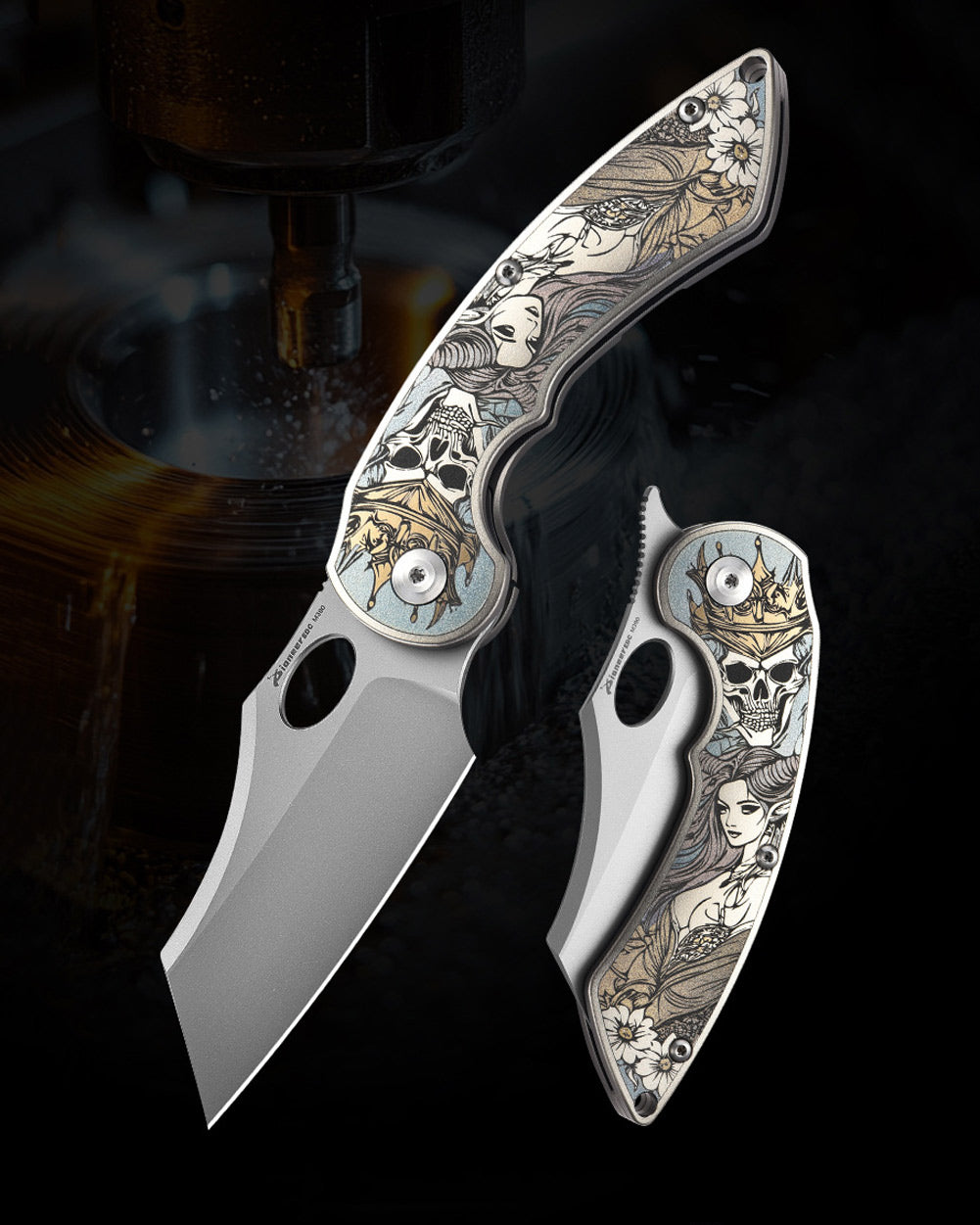 PioneerEDC MT56 Compact Folding Pocket EDC Flipper Thumb Hole Opening Knife, M390 Wharncliffe Blade, 3.94 inches Frame Lock TC4 Titanium Handle with Pocket Clip, 3 oz
