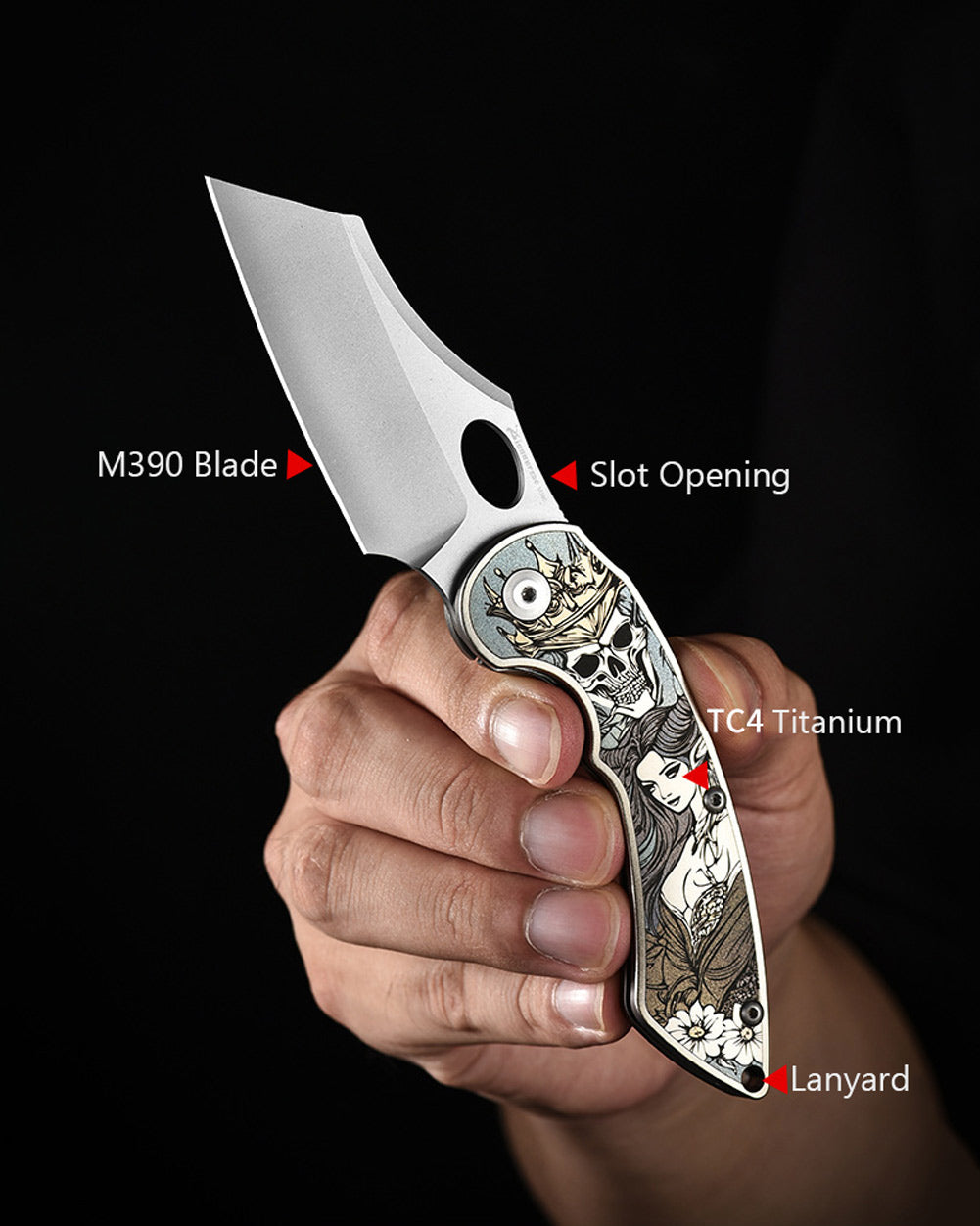 PioneerEDC MT56 Compact Folding Pocket EDC Flipper Thumb Hole Opening Knife, M390 Wharncliffe Blade, 3.94 inches Frame Lock TC4 Titanium Handle with Pocket Clip, 3 oz