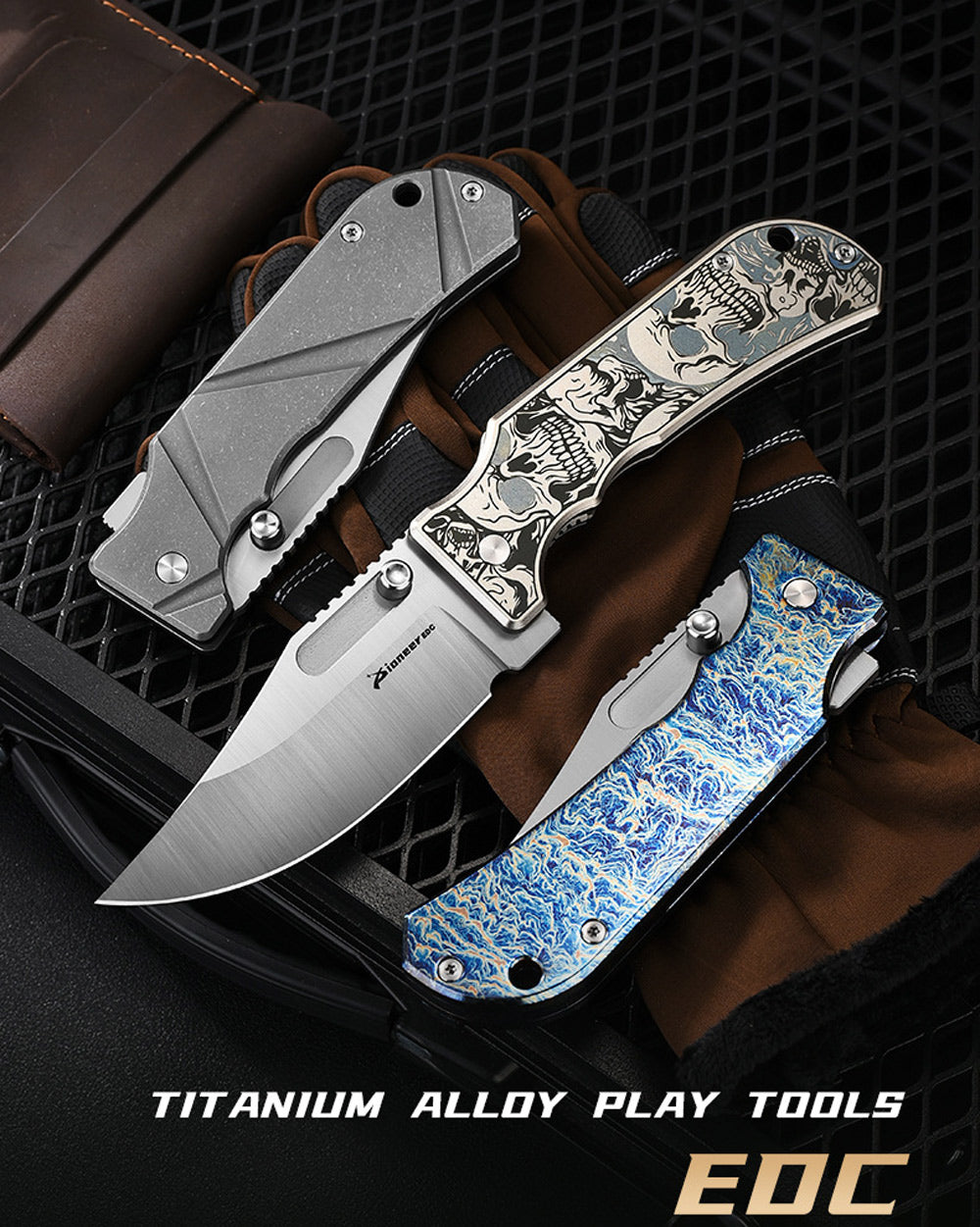 PioneerEDC DT527 Folding Pocket EDC Knife, Flipper Thumb Stud Opening D2 Drop Point Blade, 5.27 inches Frame Lock TC4 Titanium Handle with Pocekt Clip, 7.73 oz