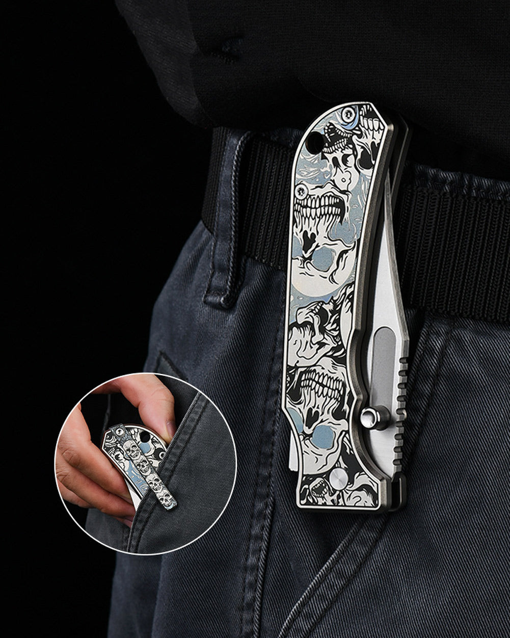 PioneerEDC DT527 Folding Pocket EDC Knife, Flipper Thumb Stud Opening D2 Drop Point Blade, 5.27 inches Frame Lock TC4 Titanium Handle with Pocekt Clip, 7.73 oz